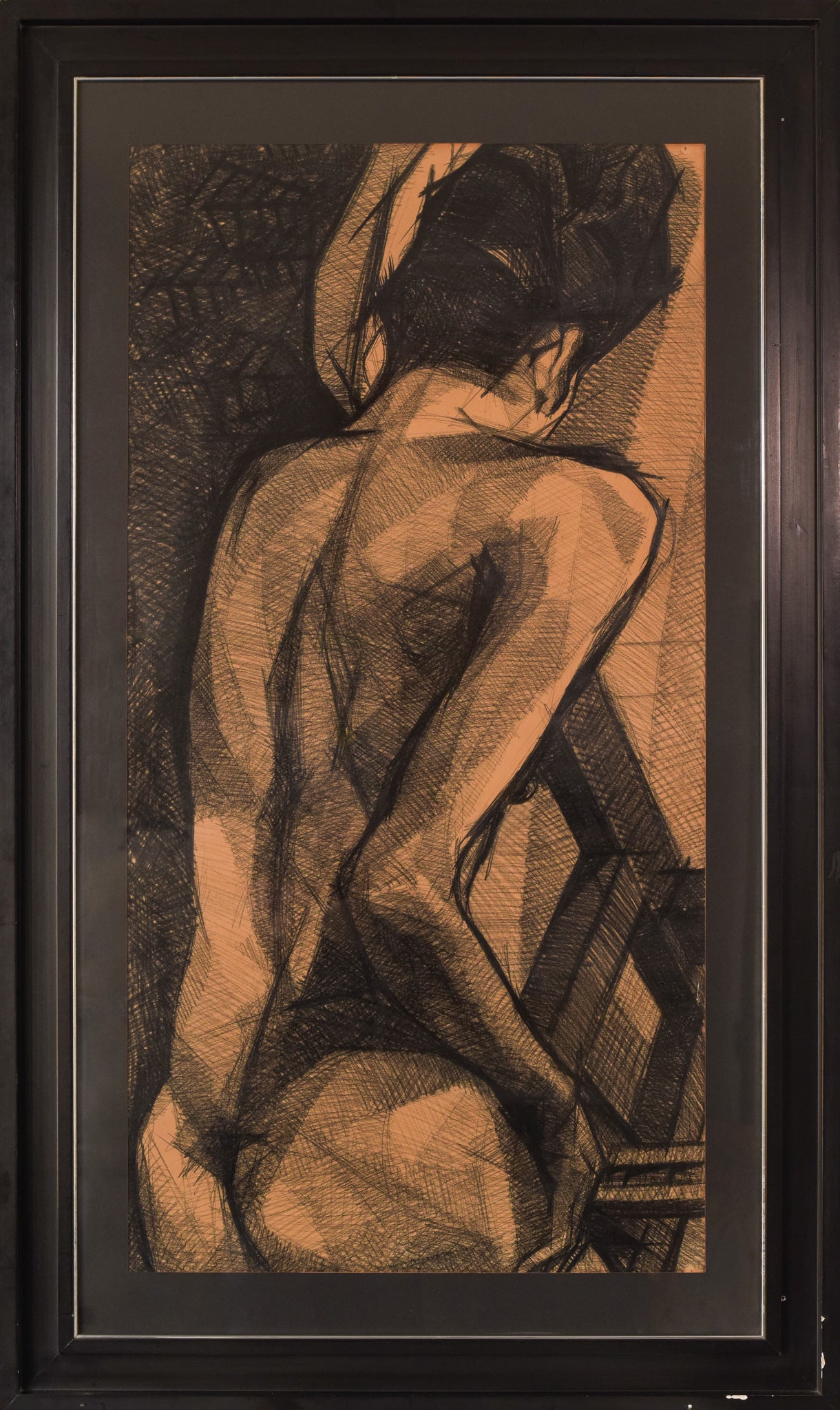 A drawing of a nude woman sitting on a chair.