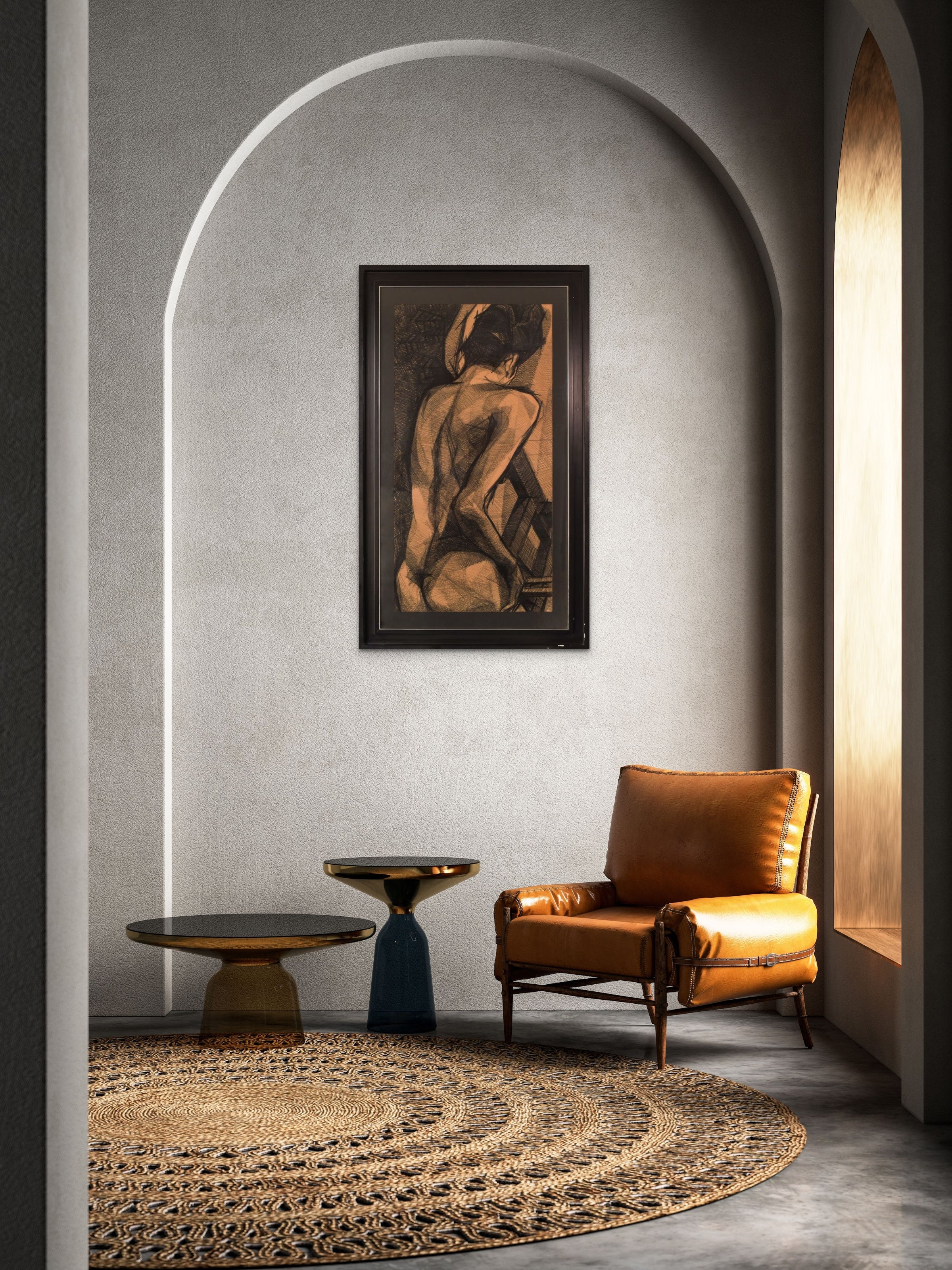 A drawing of a nude woman sitting on a chair.