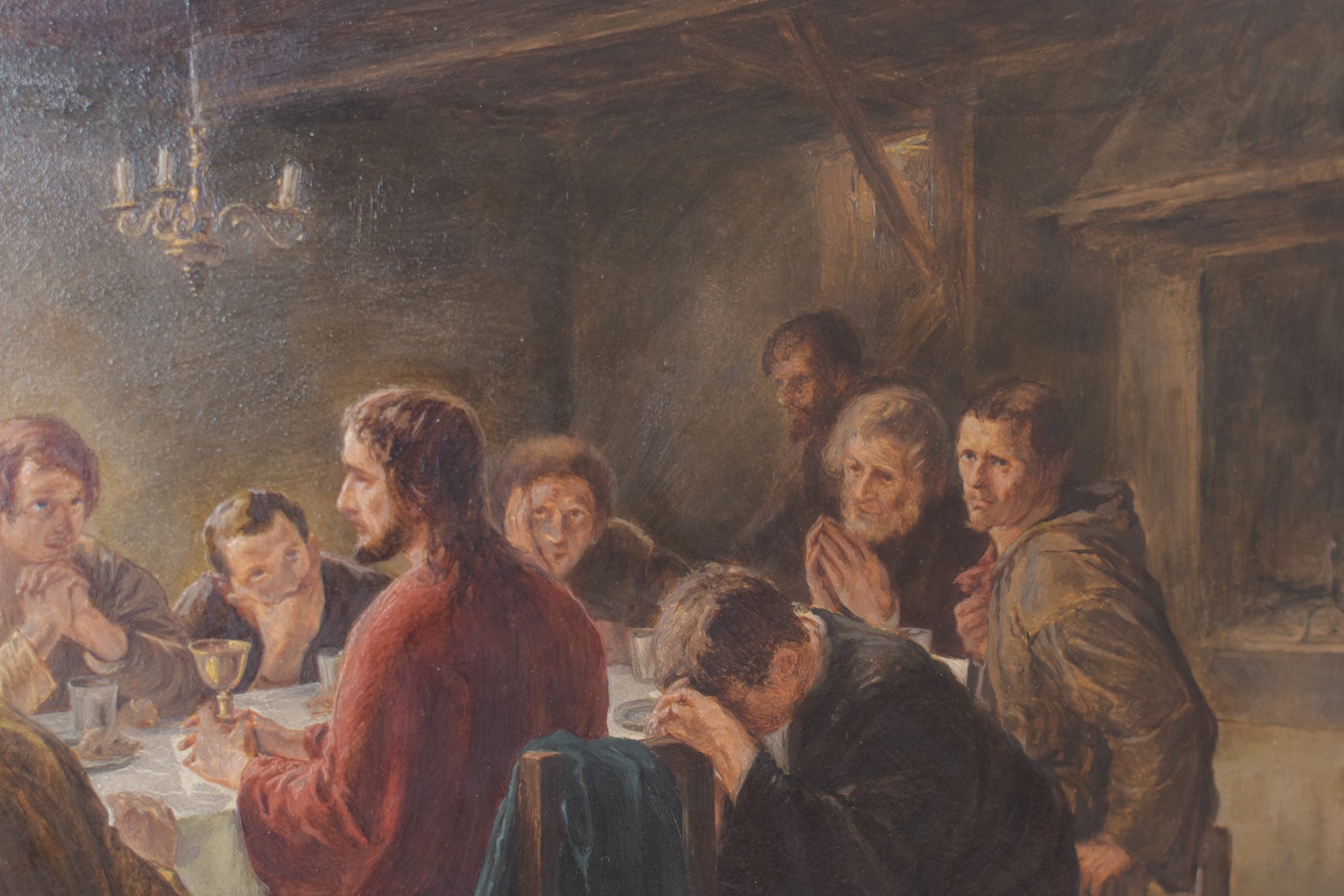 A painting of a group of people sitting around a table.