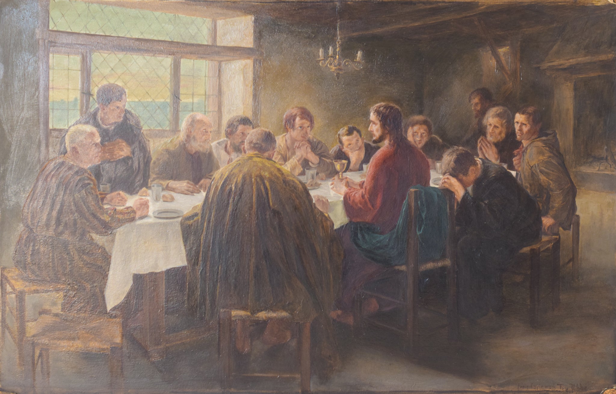 A painting of a group of people sitting around a table.