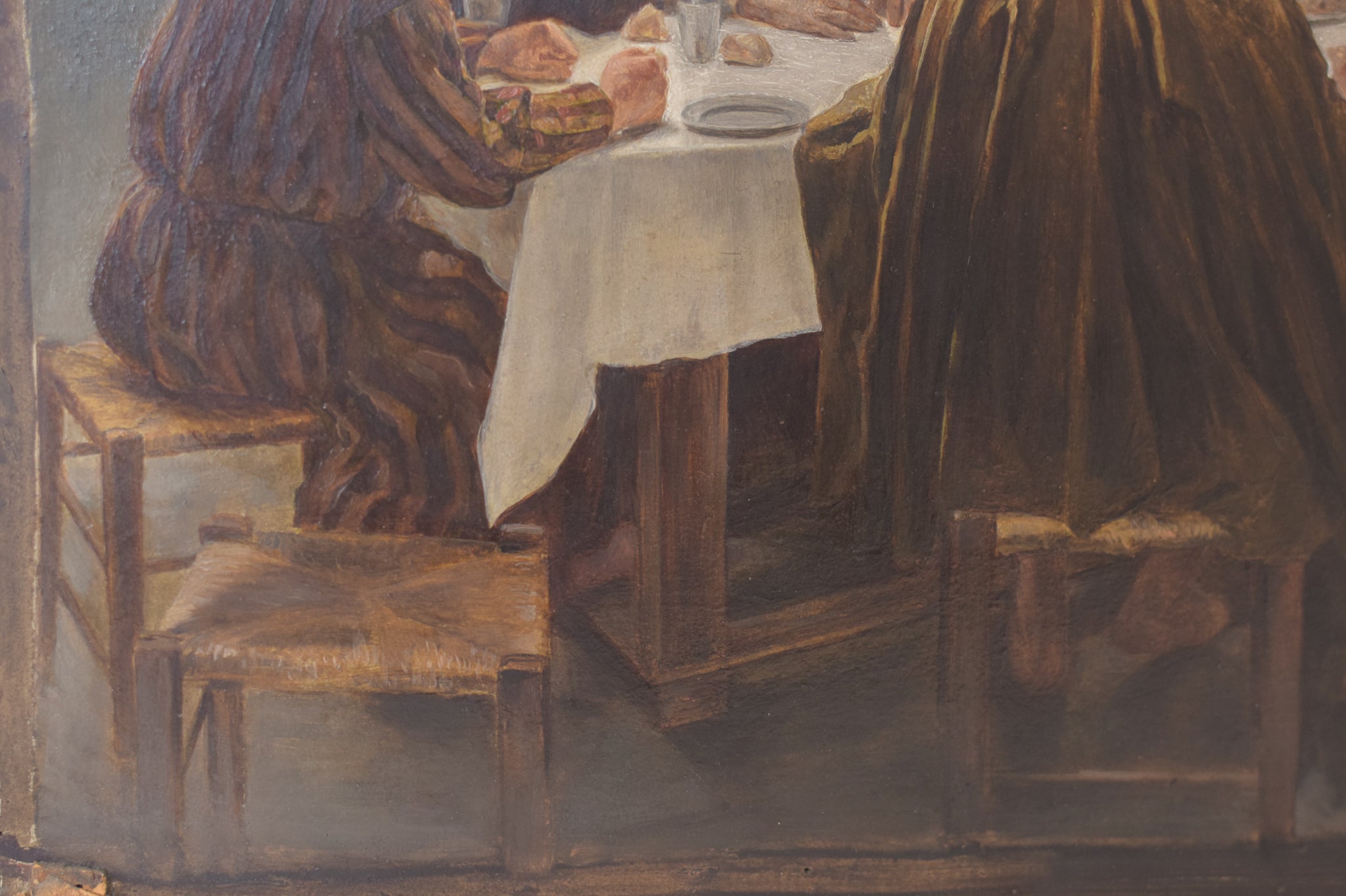 A painting of a group of people sitting around a table.