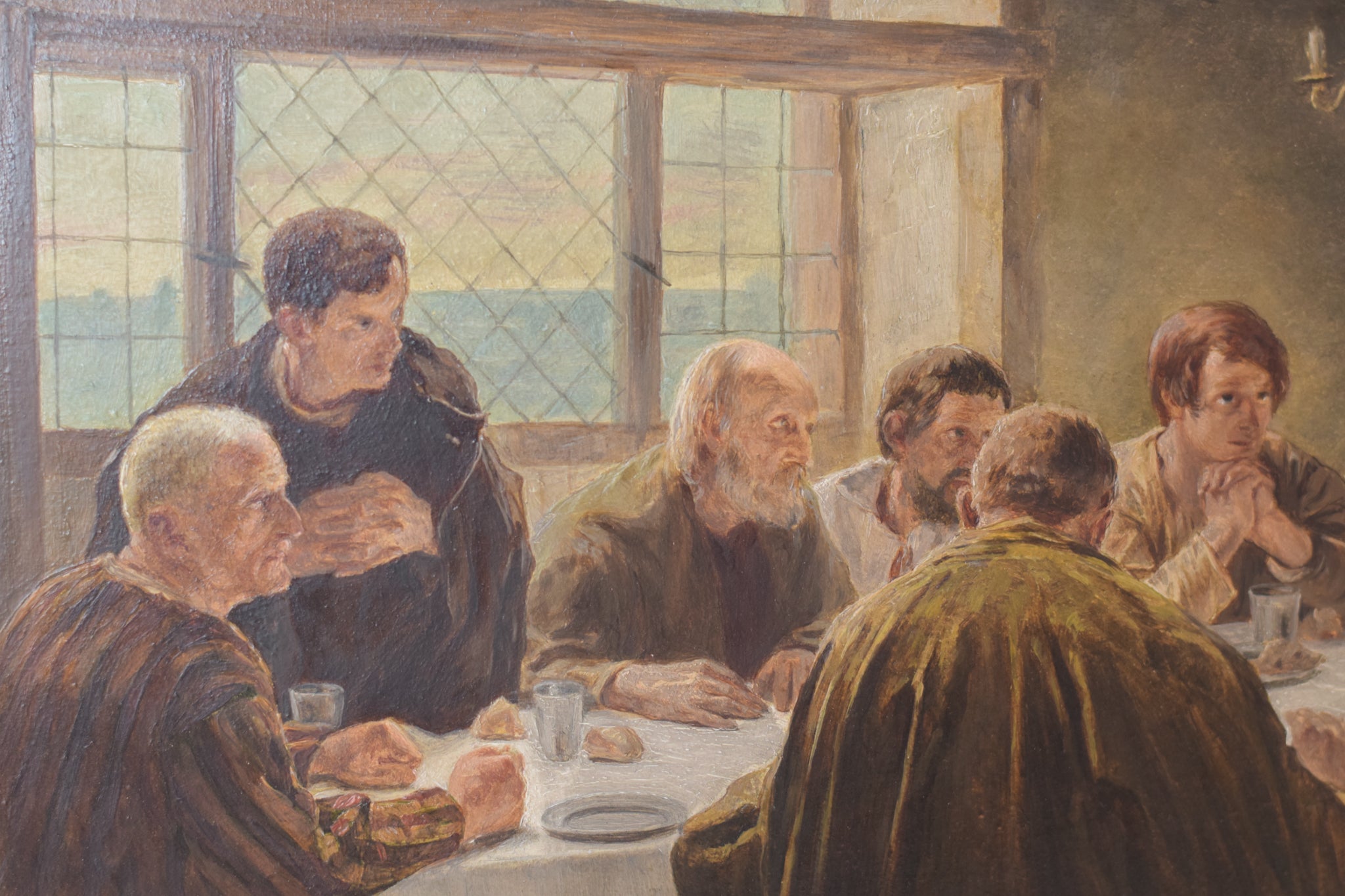 A painting of a group of people sitting around a table.