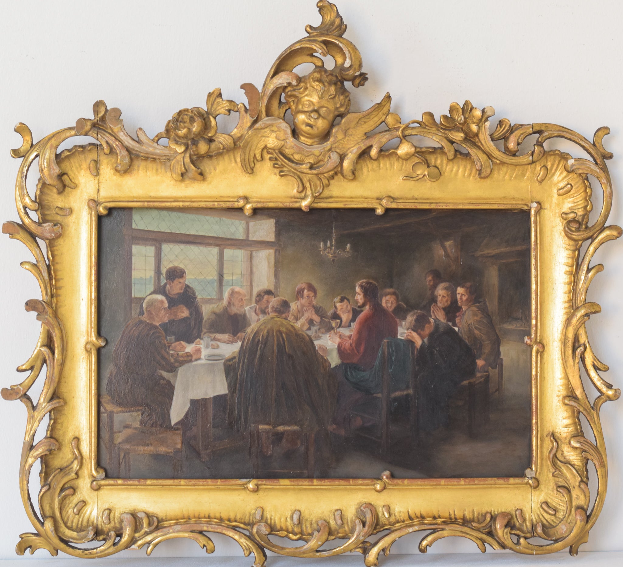 A painting of a group of people sitting around a table.