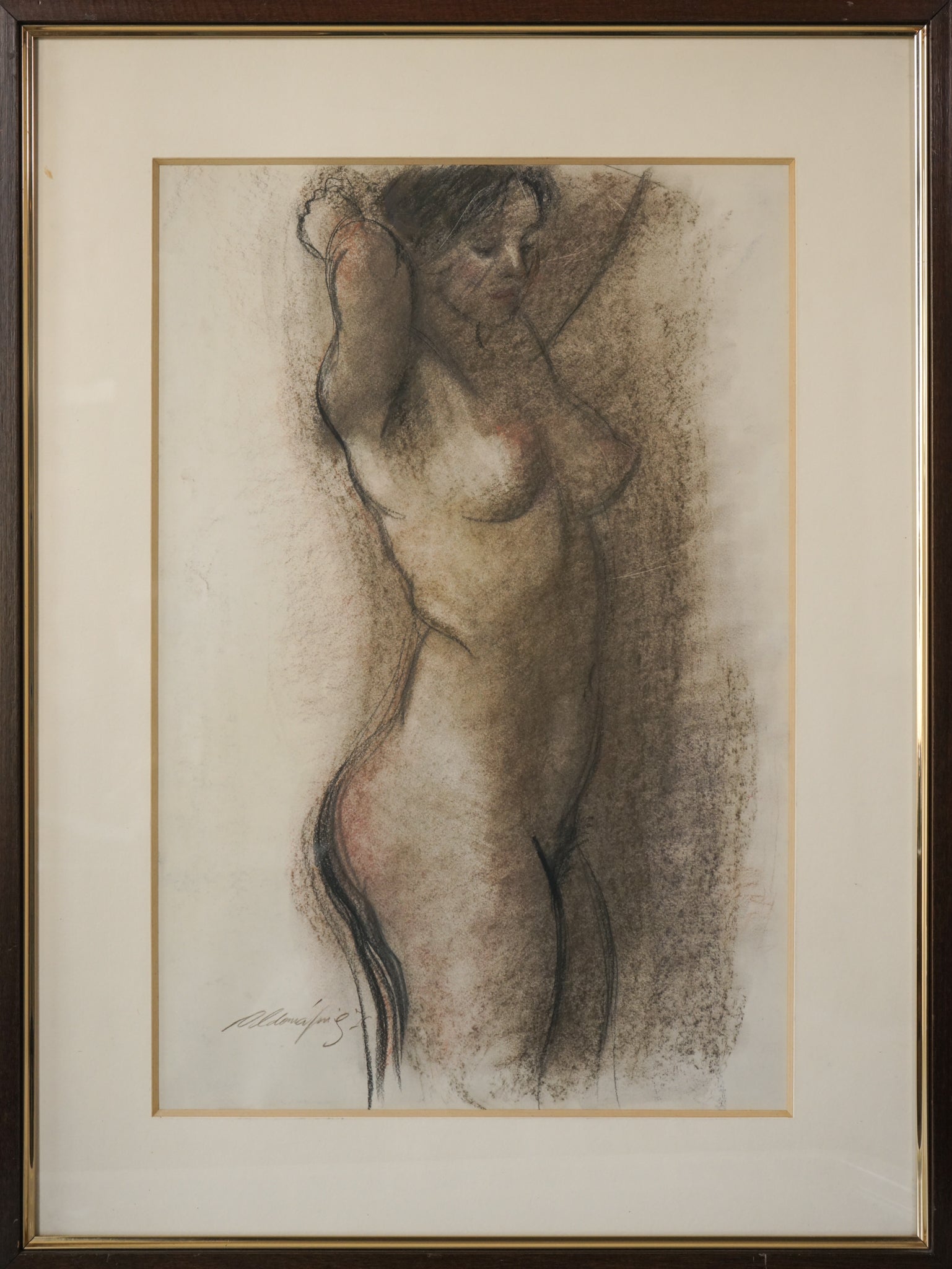 A drawing of a nude female standing in front of a wall.