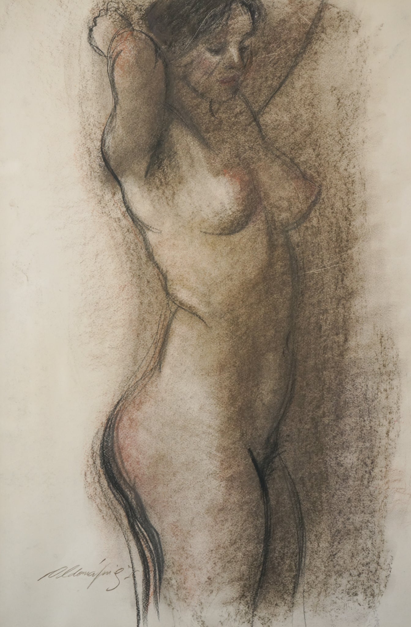 A drawing of a nude female standing in front of a wall.