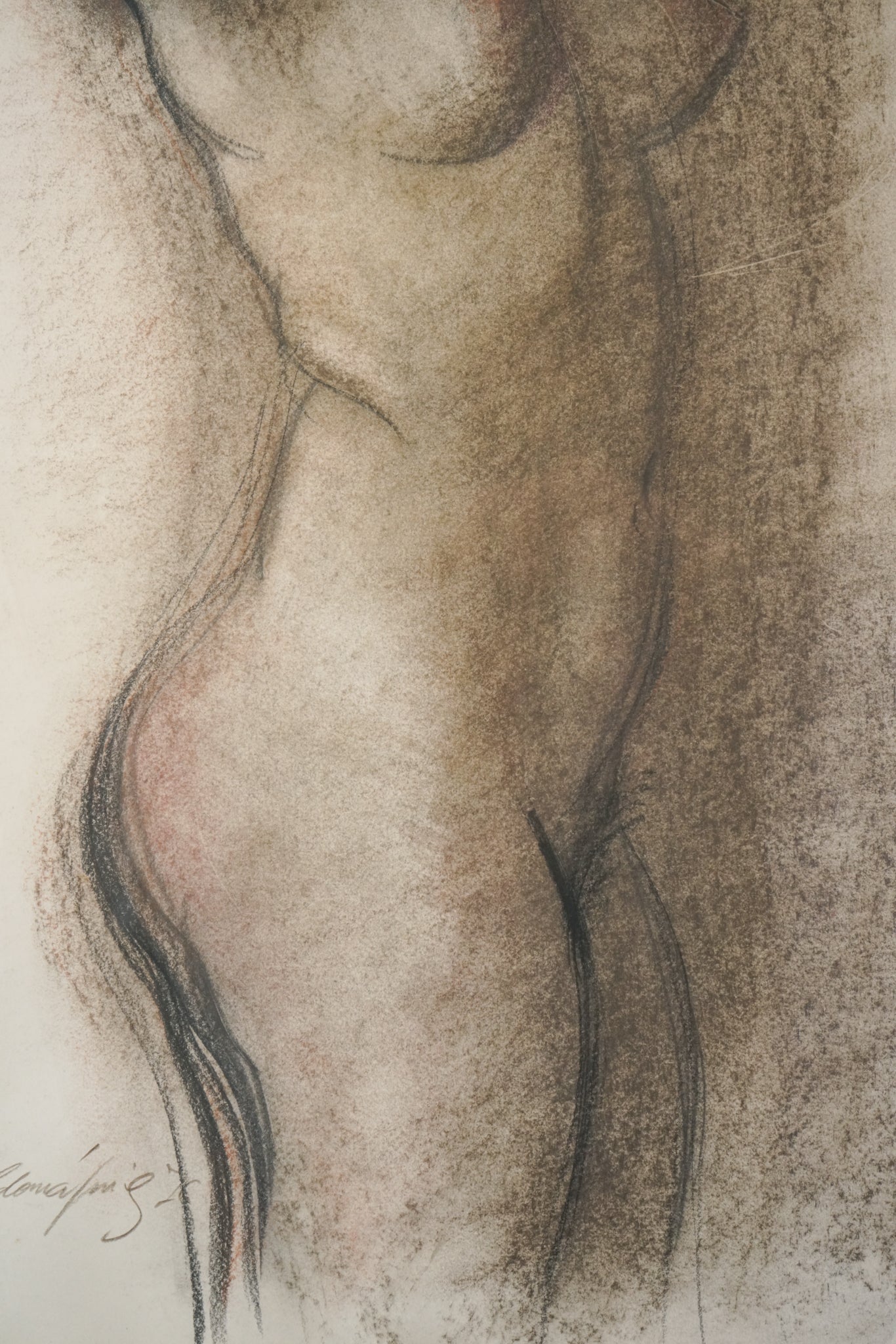 A drawing of a nude female standing in front of a wall.