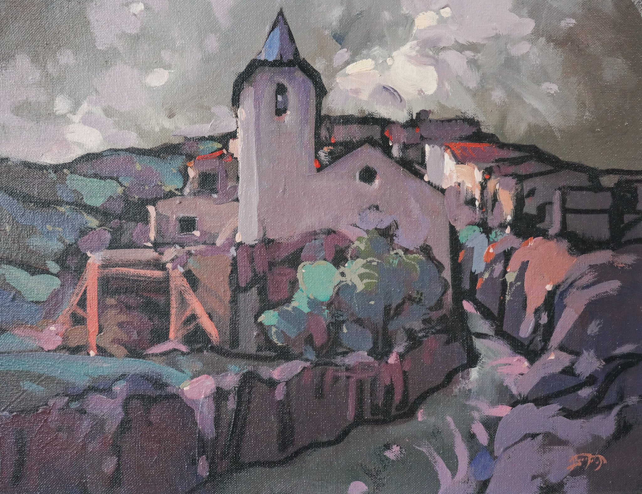 A painting of a small town in the middle of a mountain.