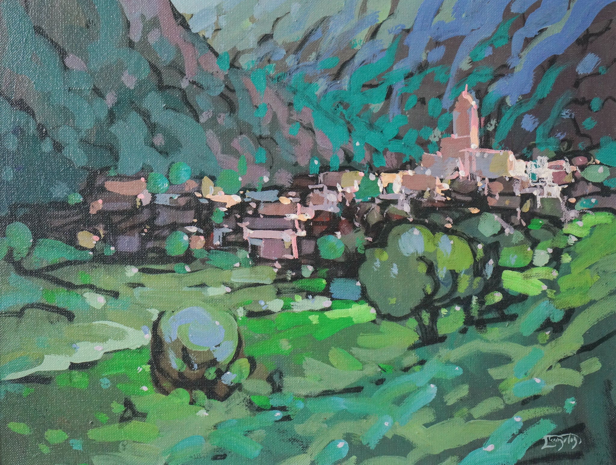 A painting of a small town in the middle of a mountain.