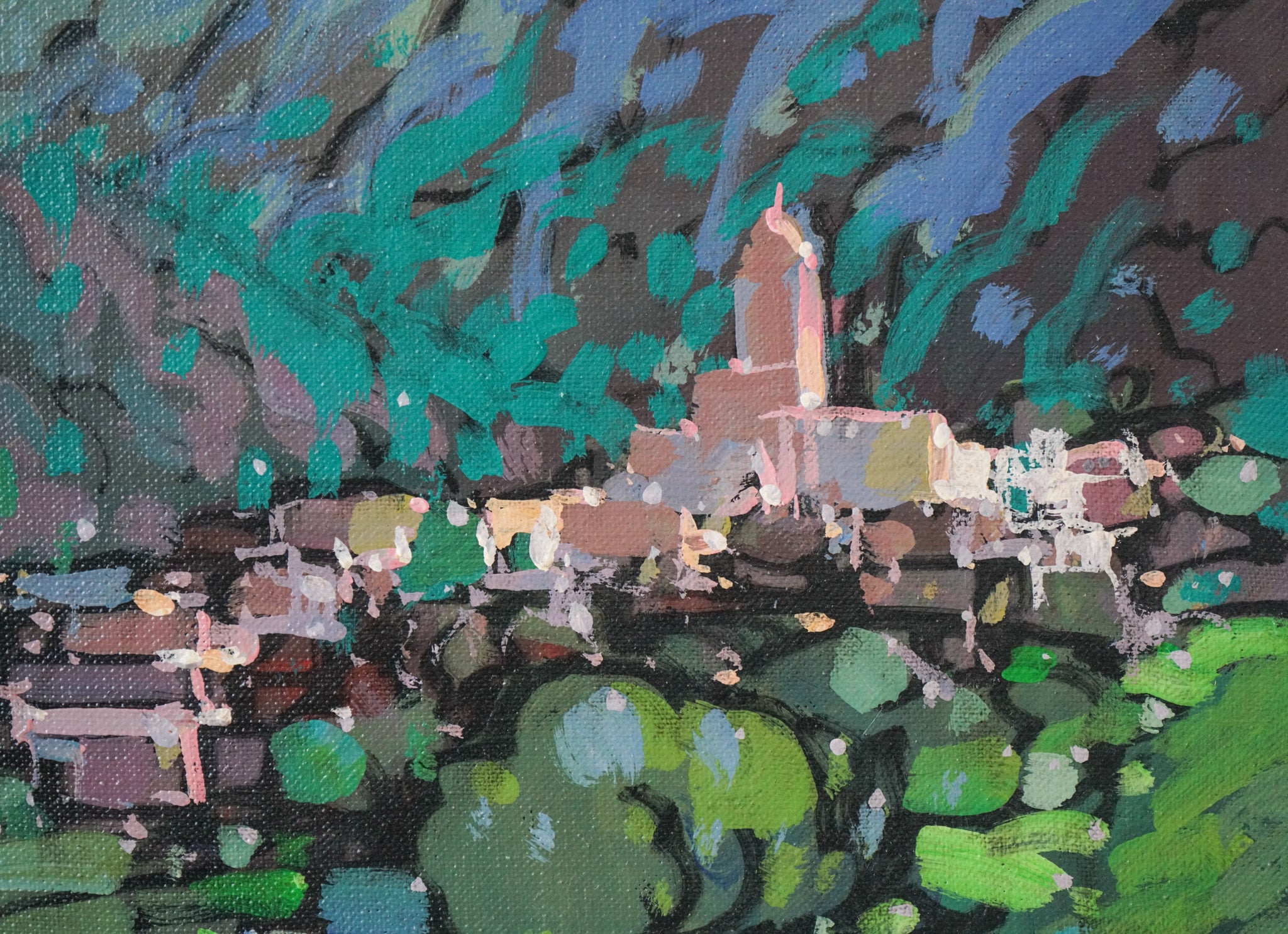 A painting of a small town in the middle of a mountain.