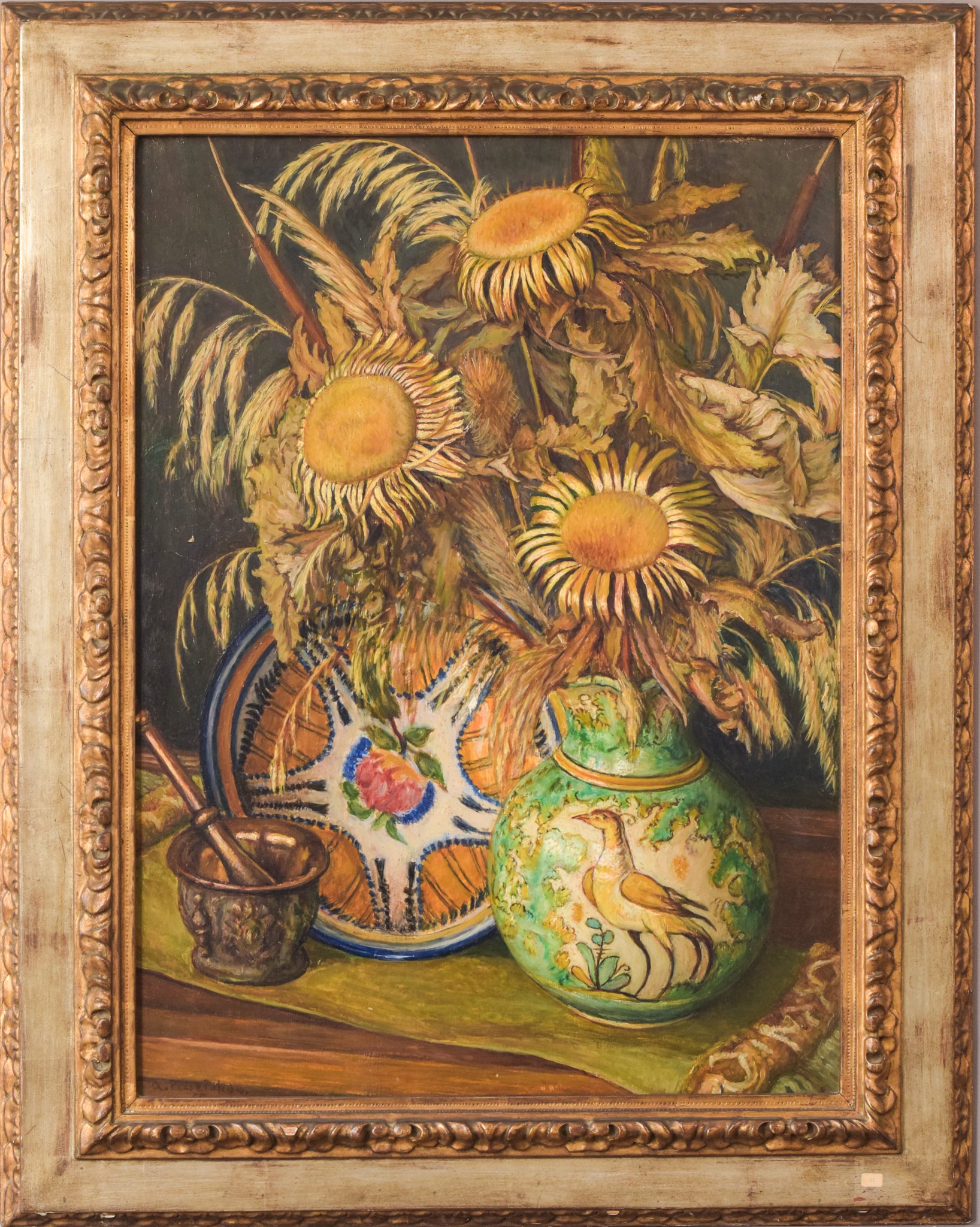 A painting of sunflowers in a vase on a table.