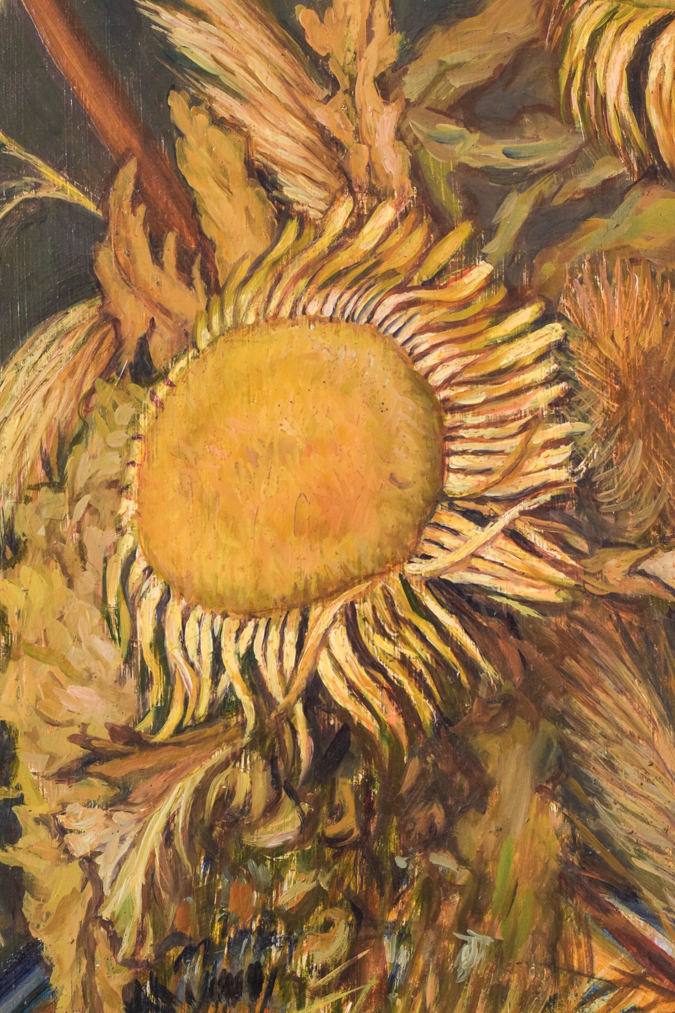 A painting of sunflowers in a vase on a table.