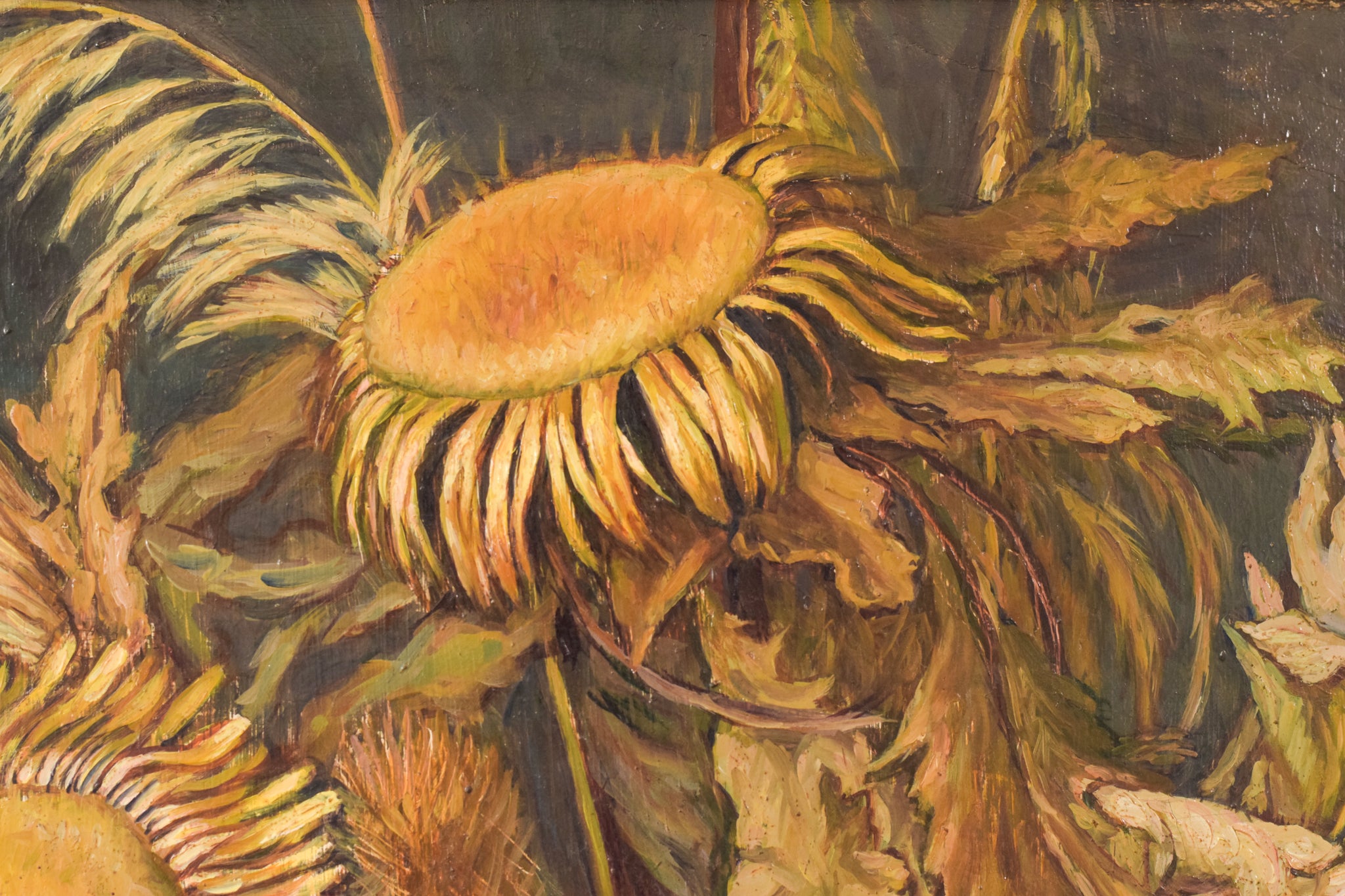 A painting of sunflowers in a vase on a table.