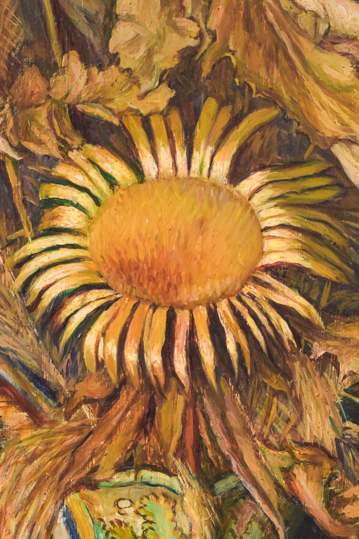 A painting of sunflowers in a vase on a table.