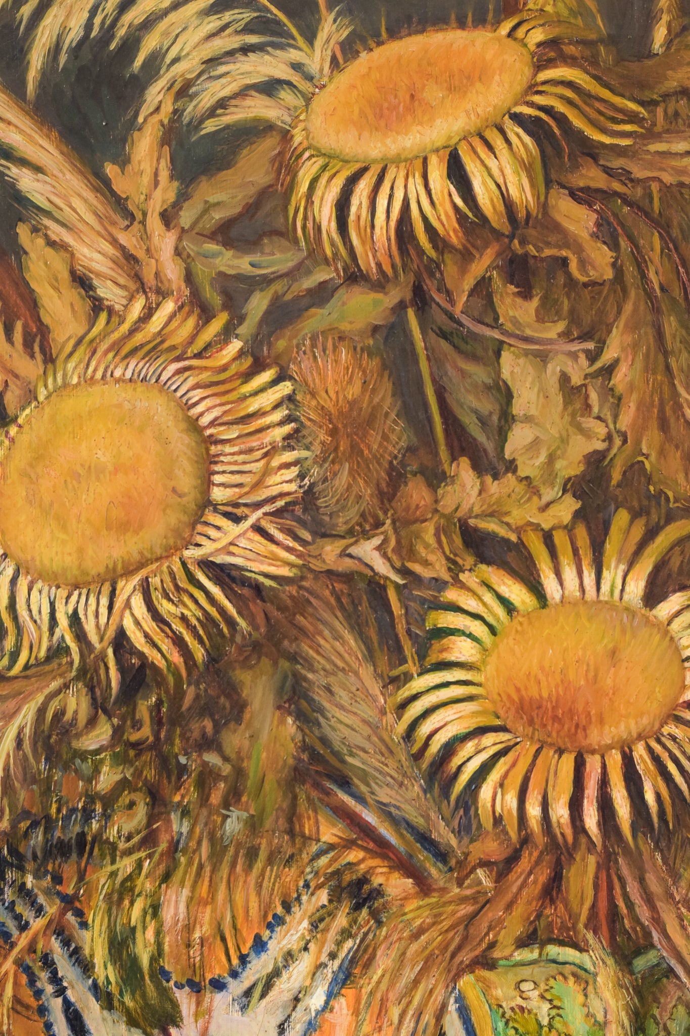 A painting of sunflowers in a vase on a table.