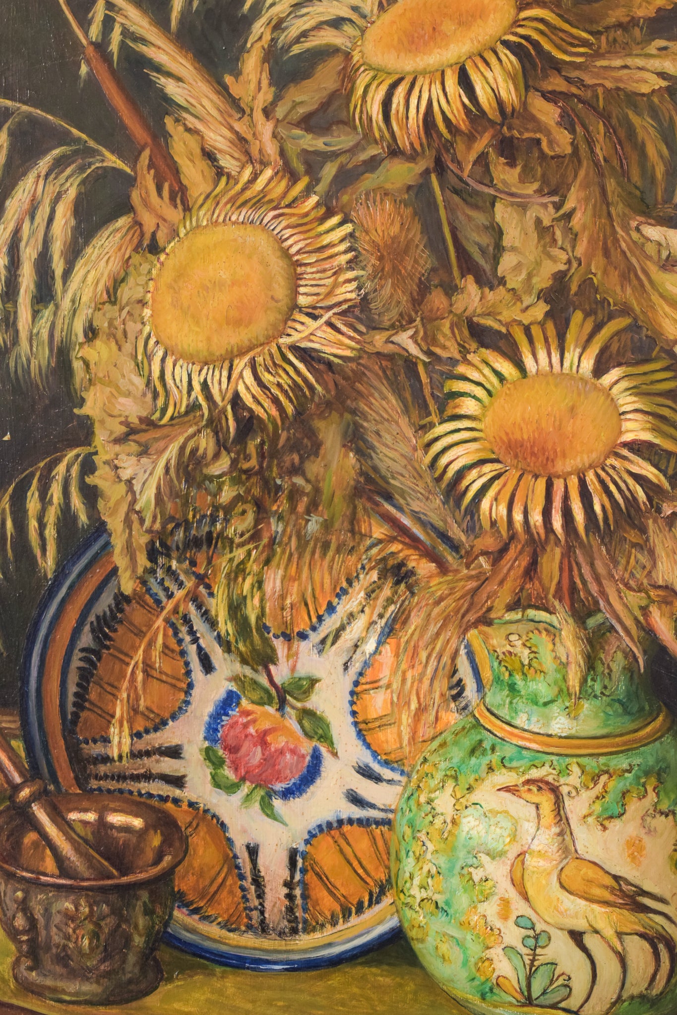 A painting of sunflowers in a vase on a table.