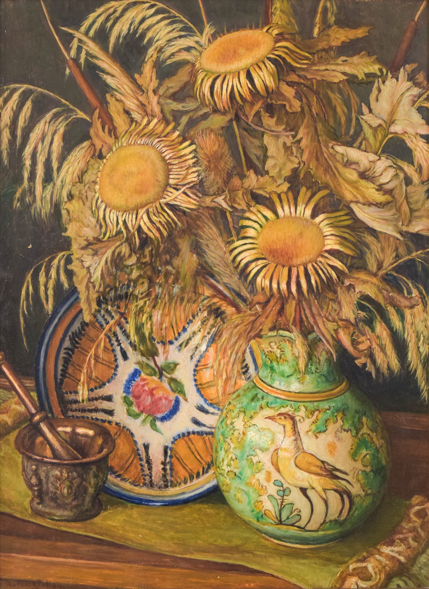 A painting of sunflowers in a vase on a table.