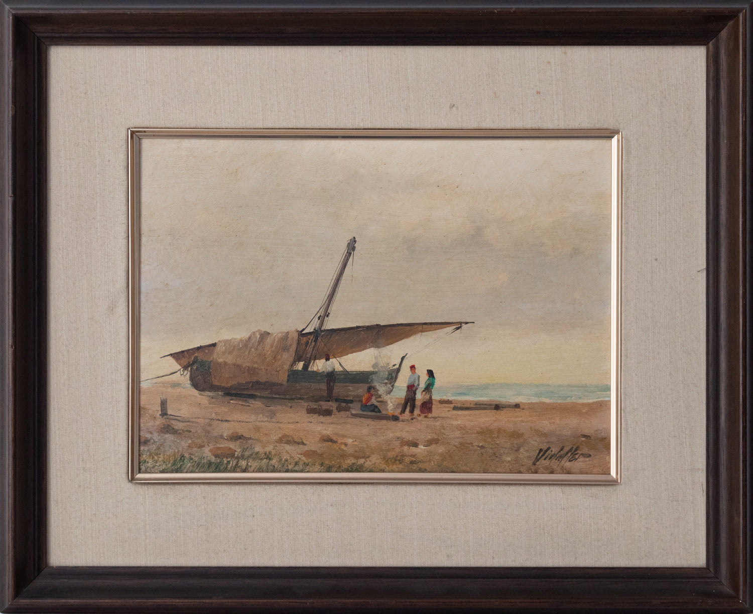A painting of a boat on the beach with people on it.