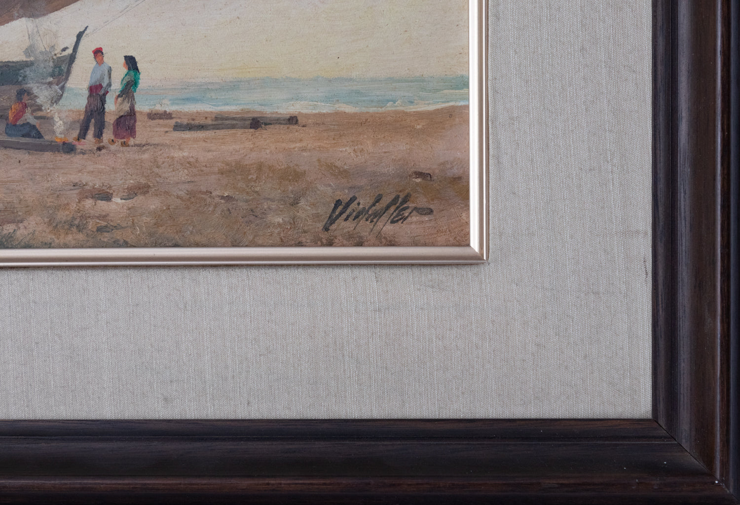 A painting of a boat on the beach with people on it.