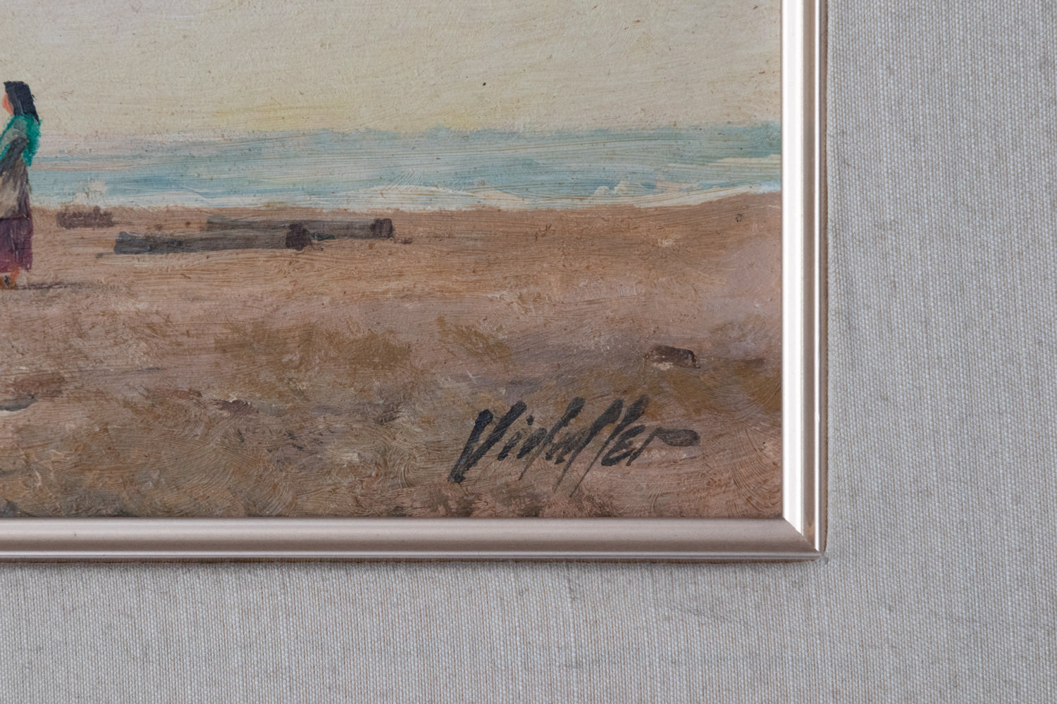 A painting of a boat on the beach with people on it.