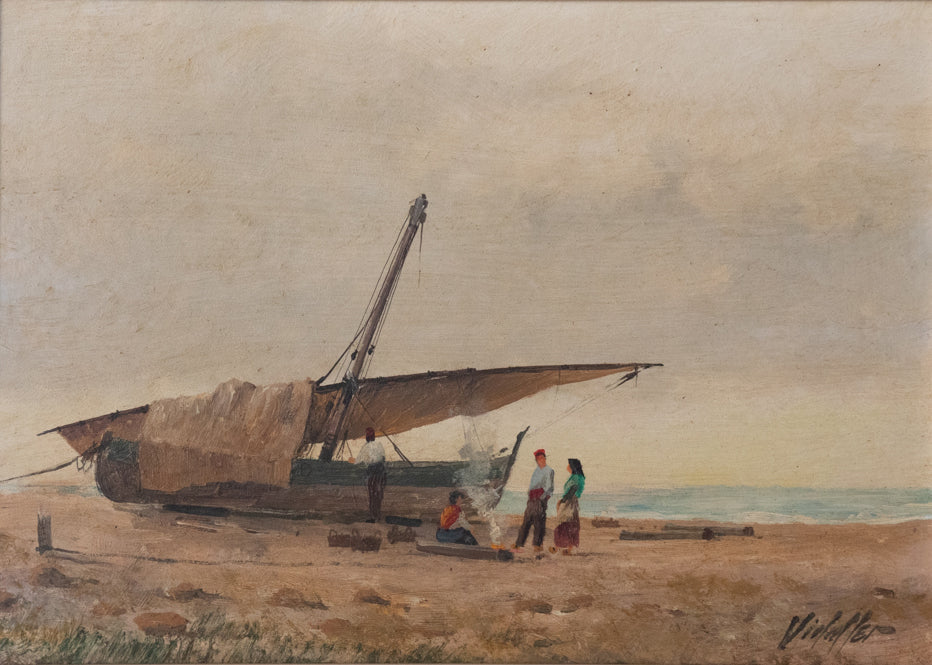 A painting of a boat on the beach with people on it.