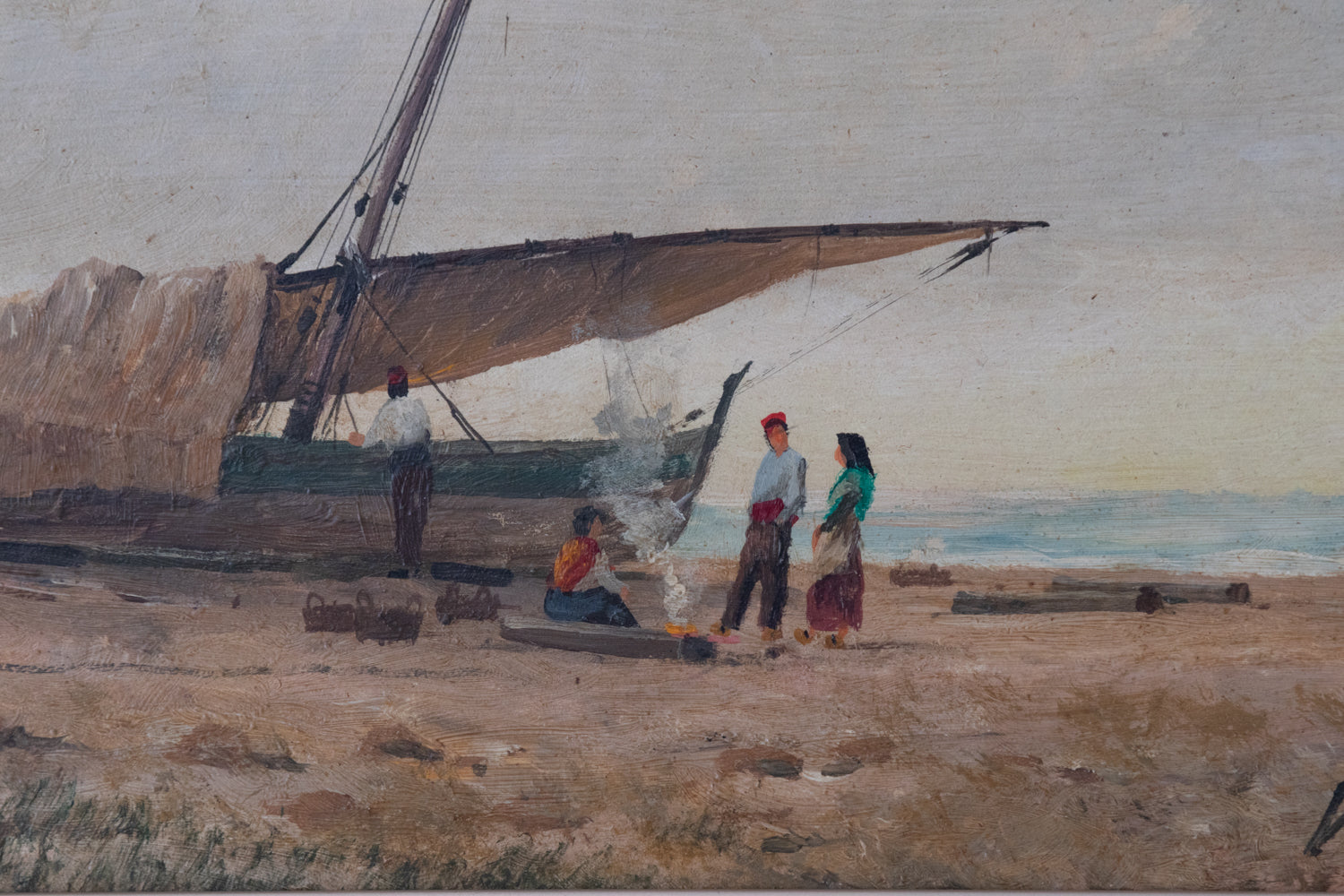 A painting of a boat on the beach with people on it.