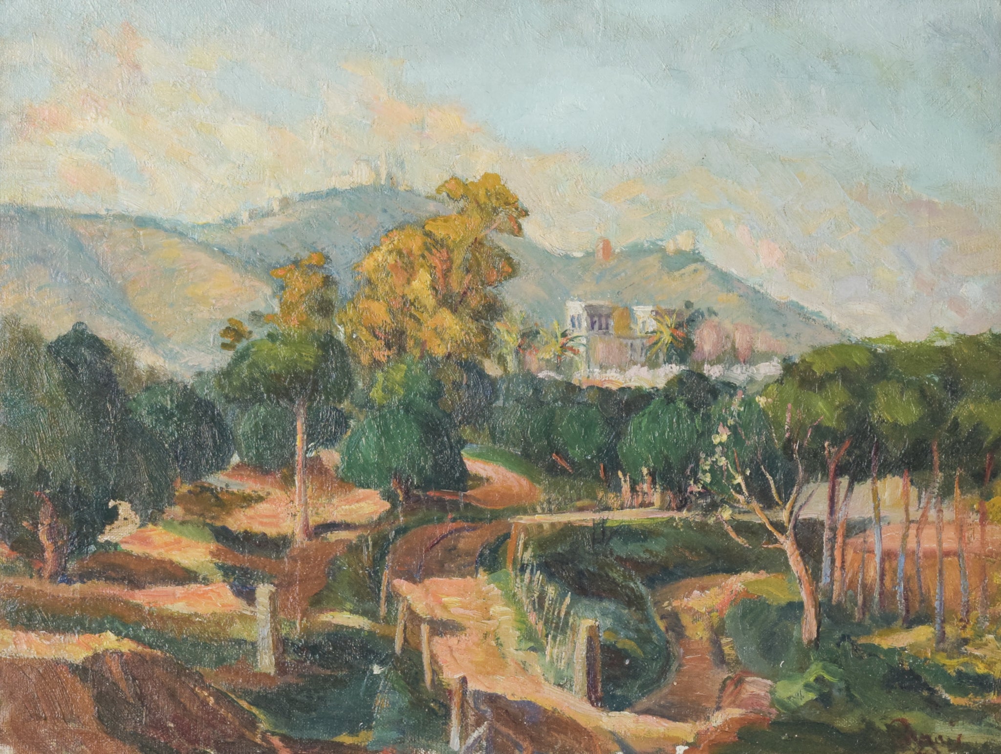 A painting of a landscape with trees and mountains in the background.
