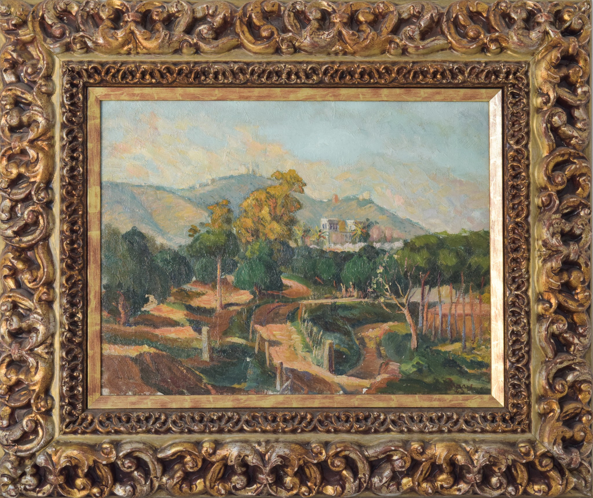 A painting of a landscape with trees and mountains in the background.