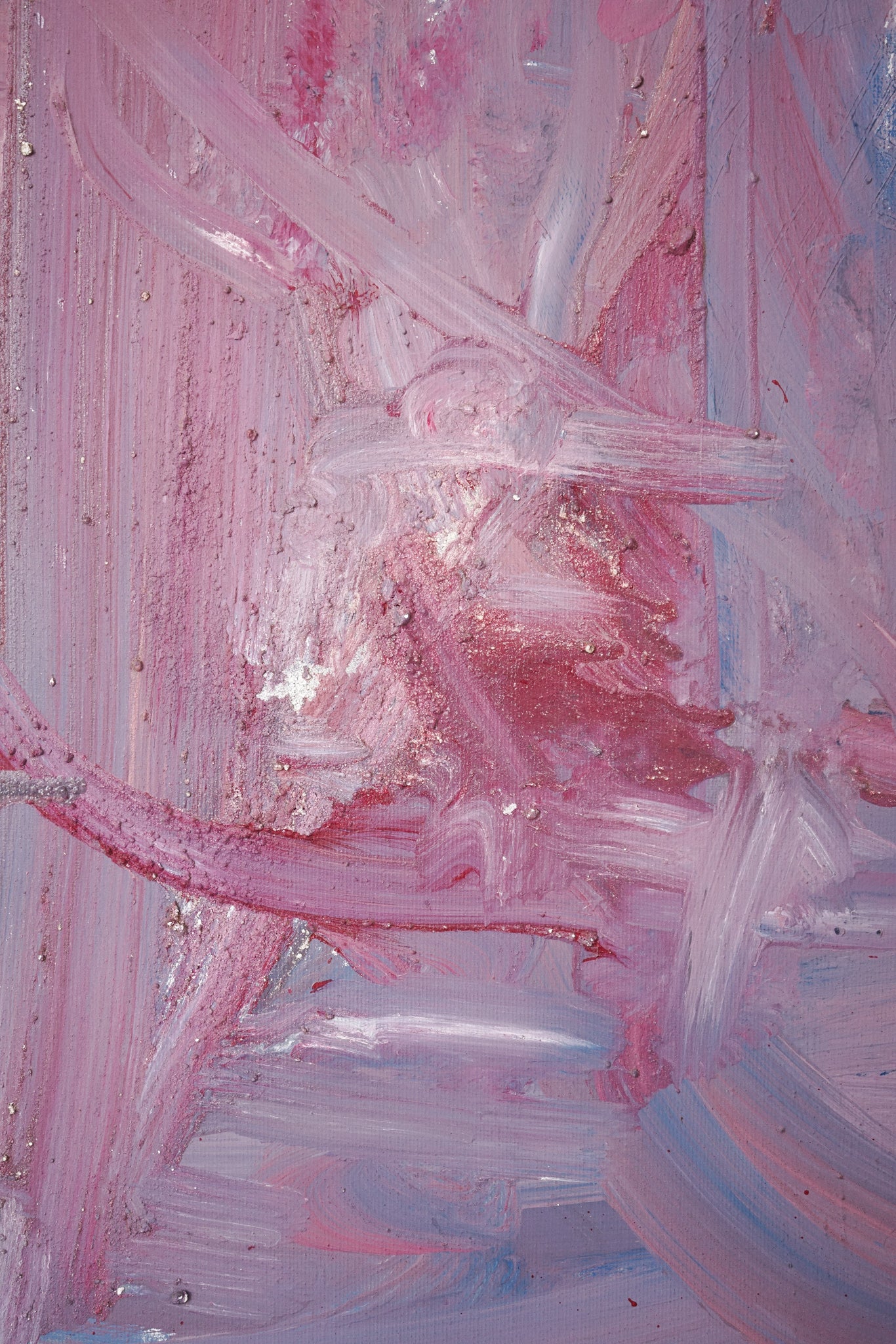 A painting with pink, black, and white paint on it.