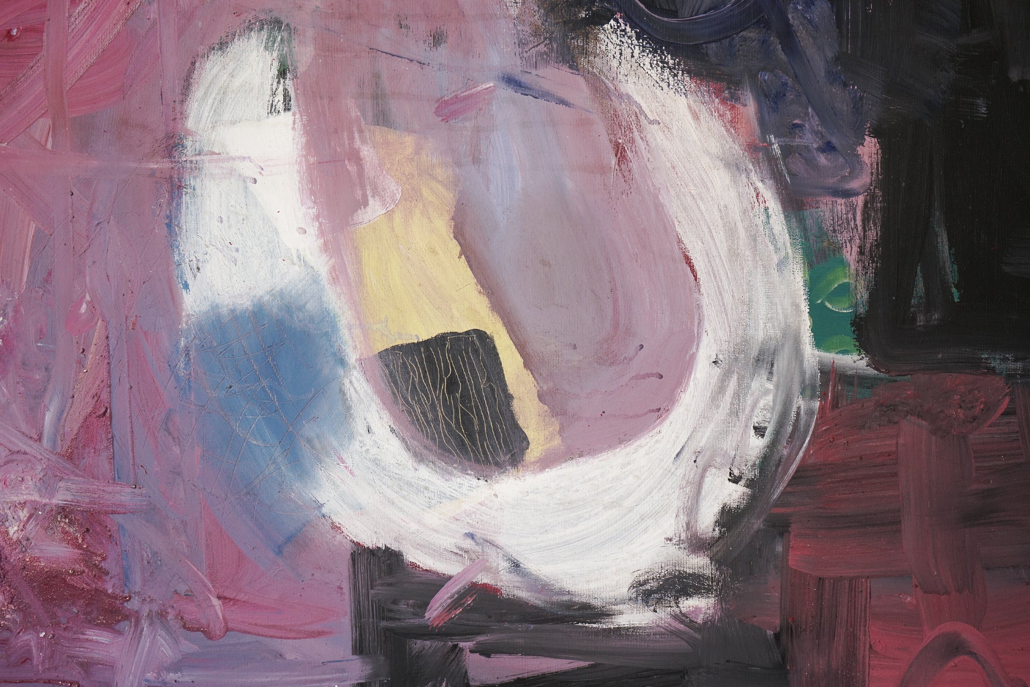 A painting with pink, black, and white paint on it.