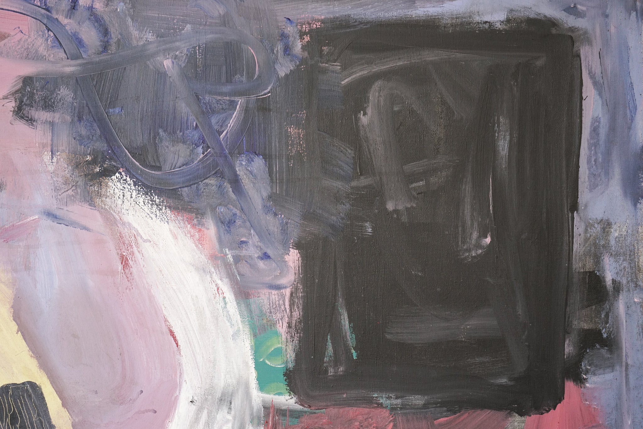 A painting with pink, black, and white paint on it.