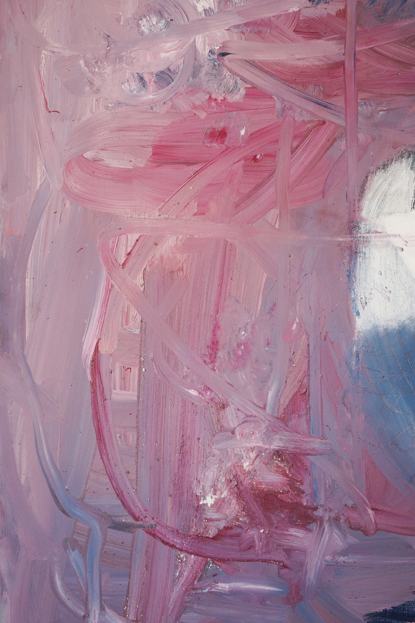 A painting with pink, black, and white paint on it.