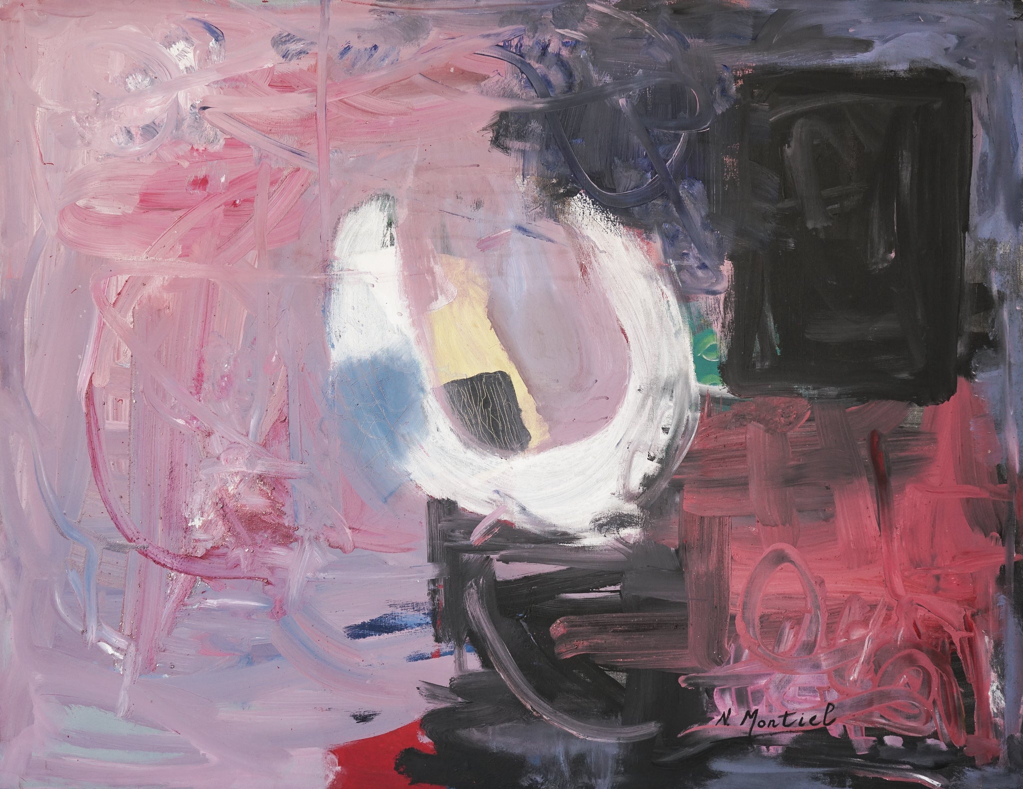 A painting with pink, black, and white paint on it.