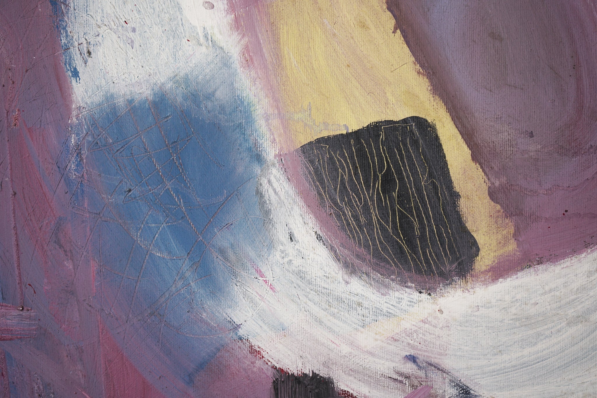 A painting with pink, black, and white paint on it.