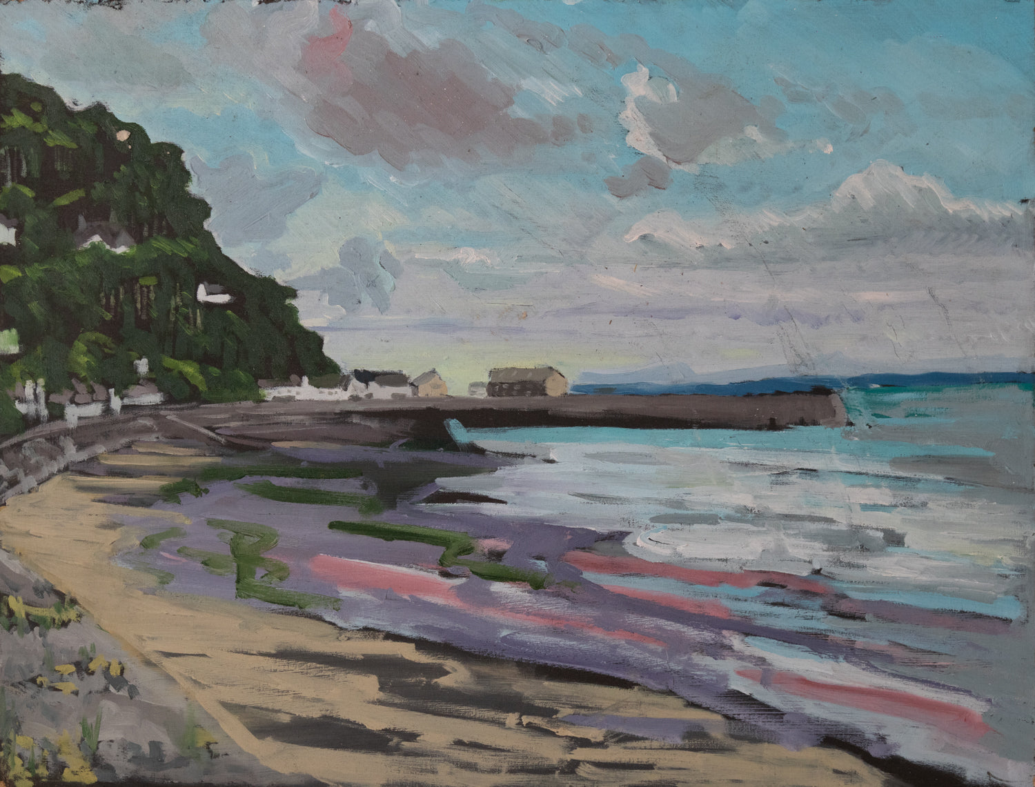 A painting of a beach with a house in the distance.