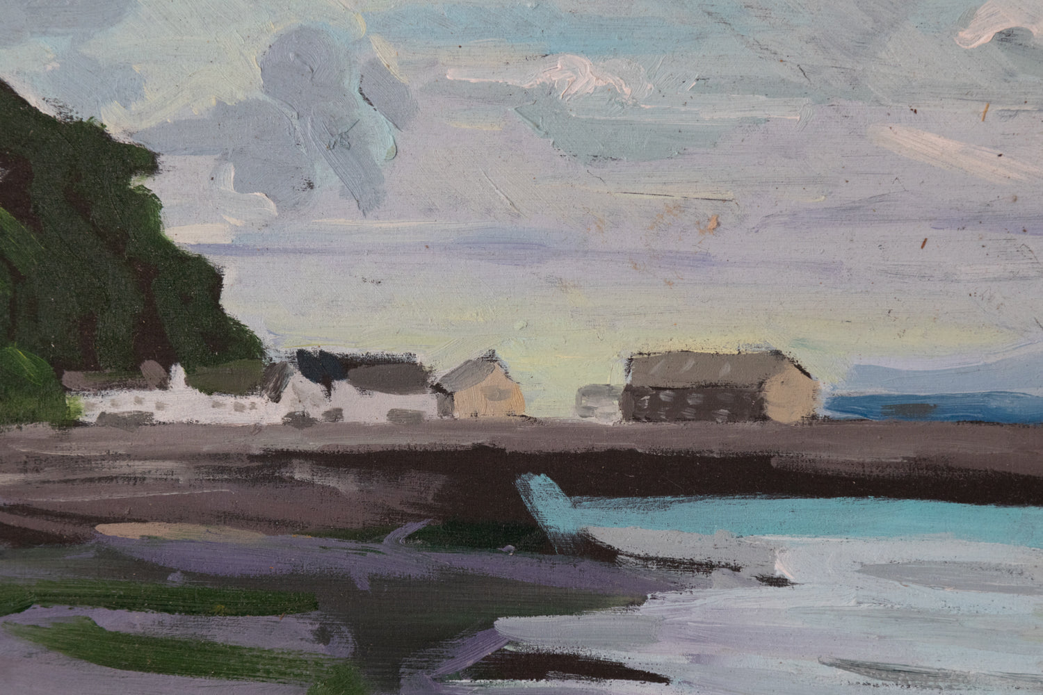 A painting of a beach with a house in the distance.