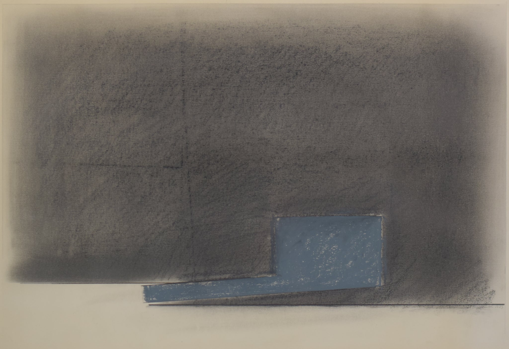 A black and white drawing of a blue square on a gray background.