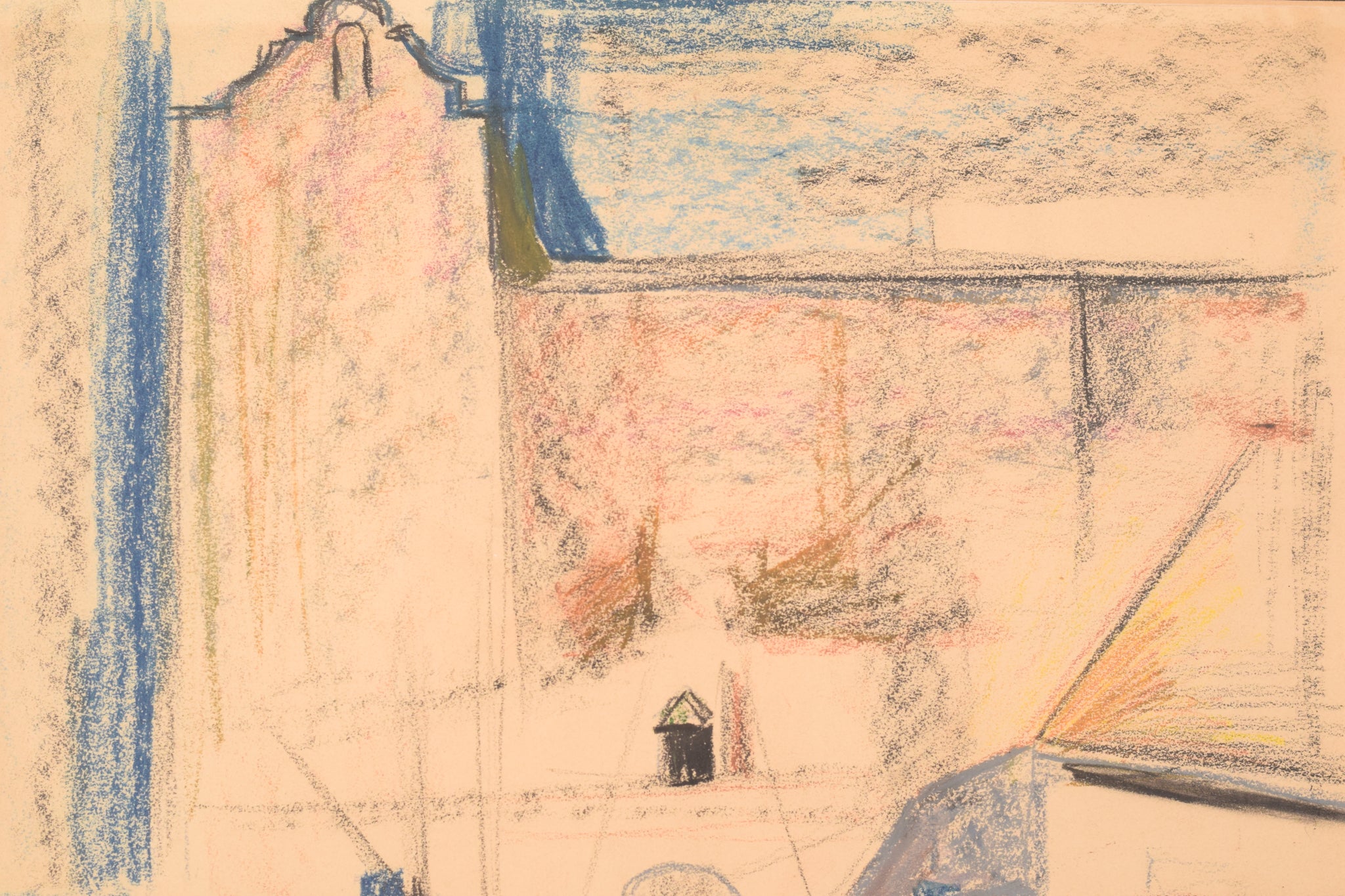 A drawing of a stairway leading up to a building.