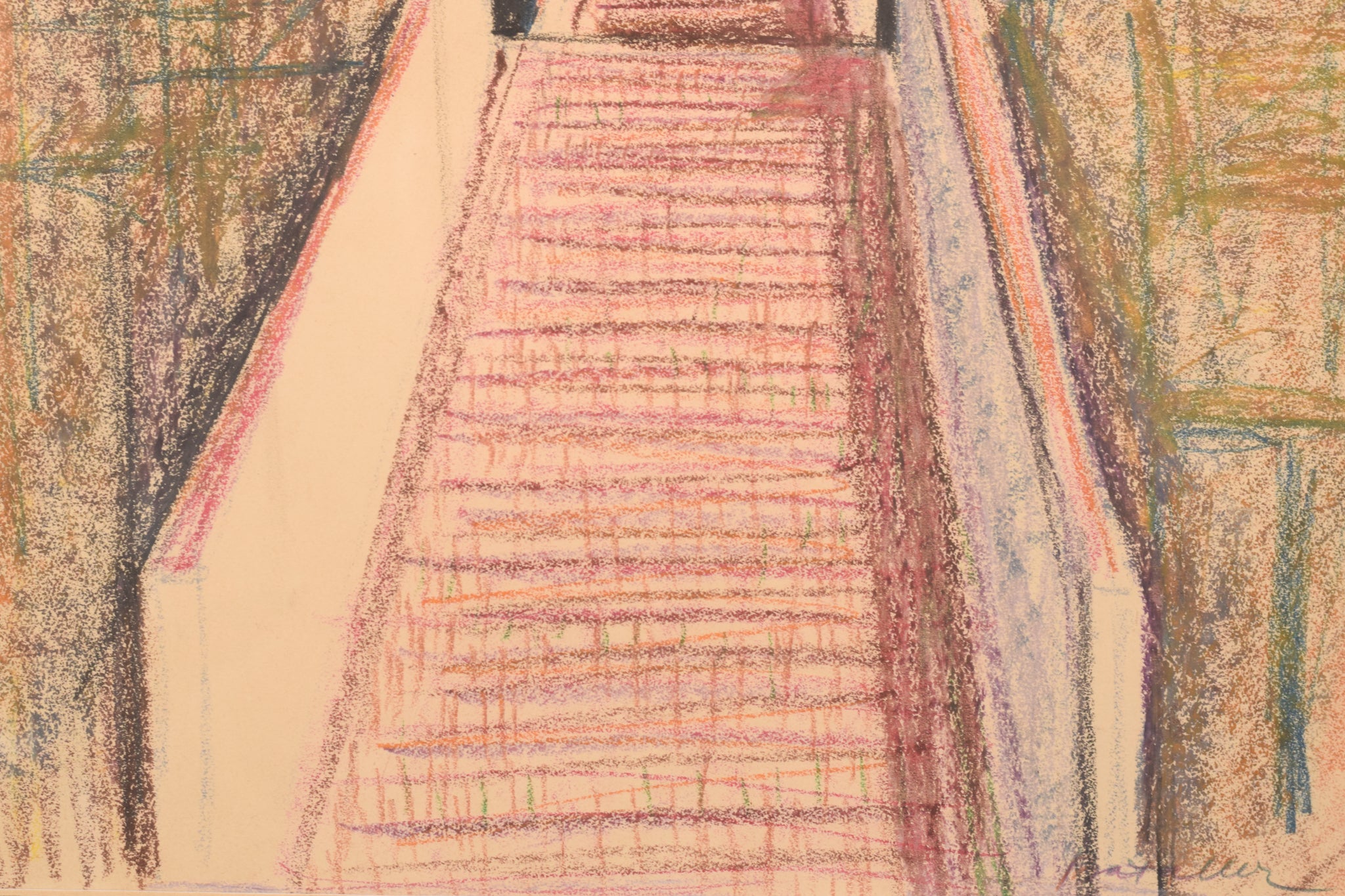 A drawing of a stairway leading up to a building.