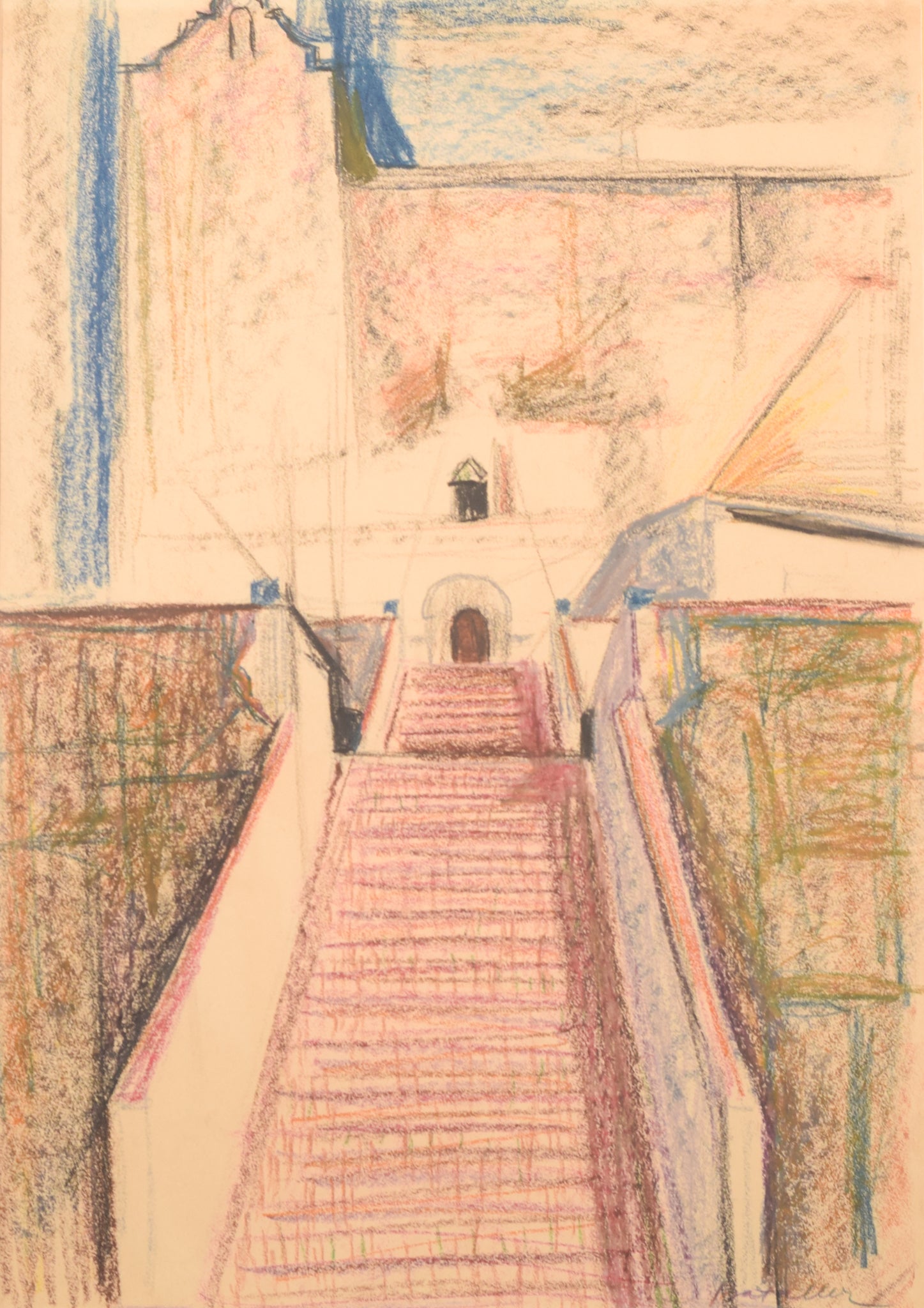 A drawing of a stairway leading up to a building.