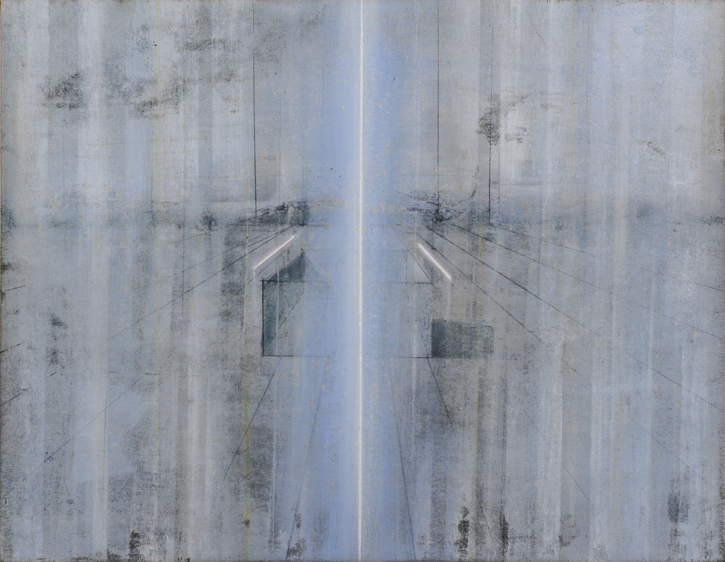 A painting of a cross on a concrete wall.