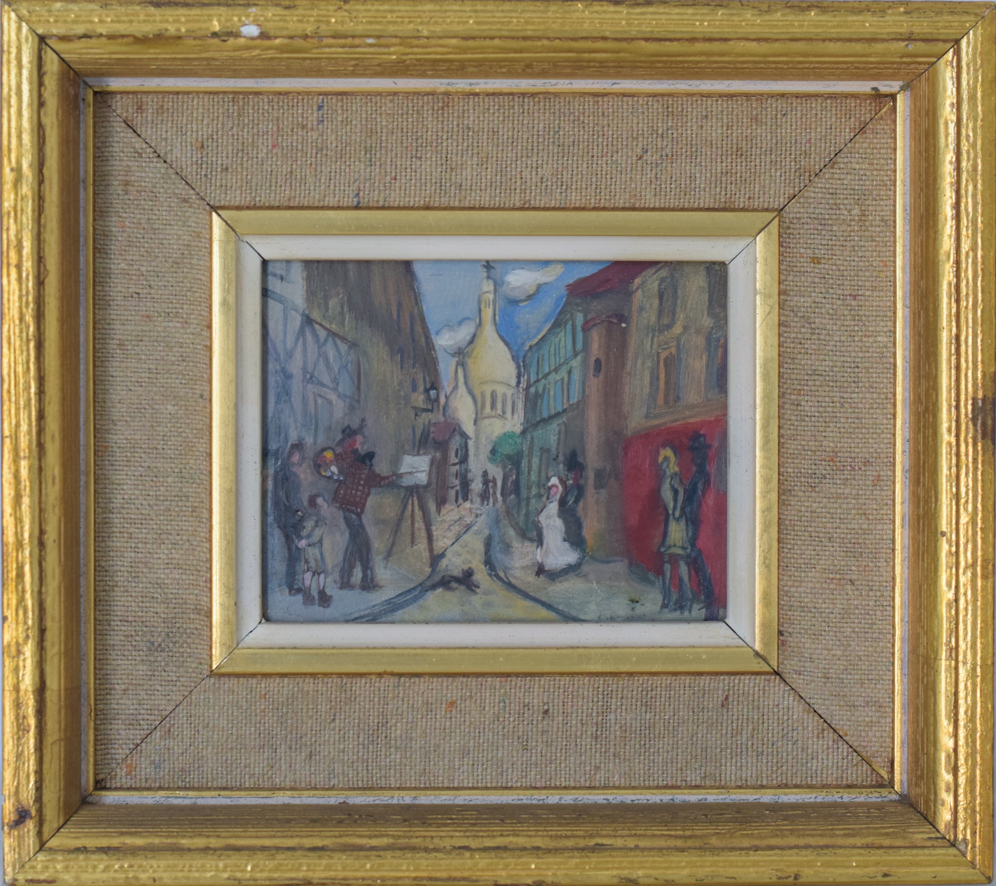 A painting of people walking down a street in a city.