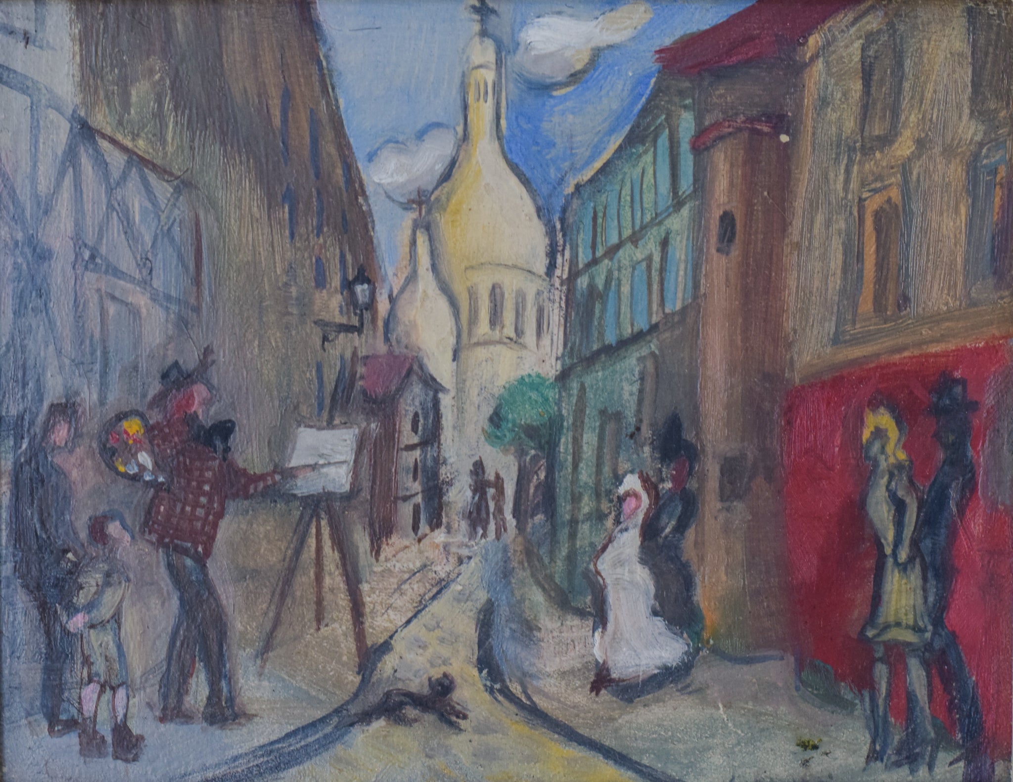 A painting of people walking down a street in a city.