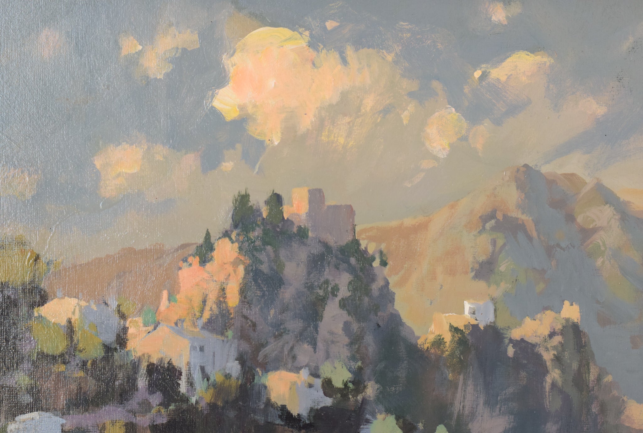 A painting of a mountain landscape with clouds in the sky.