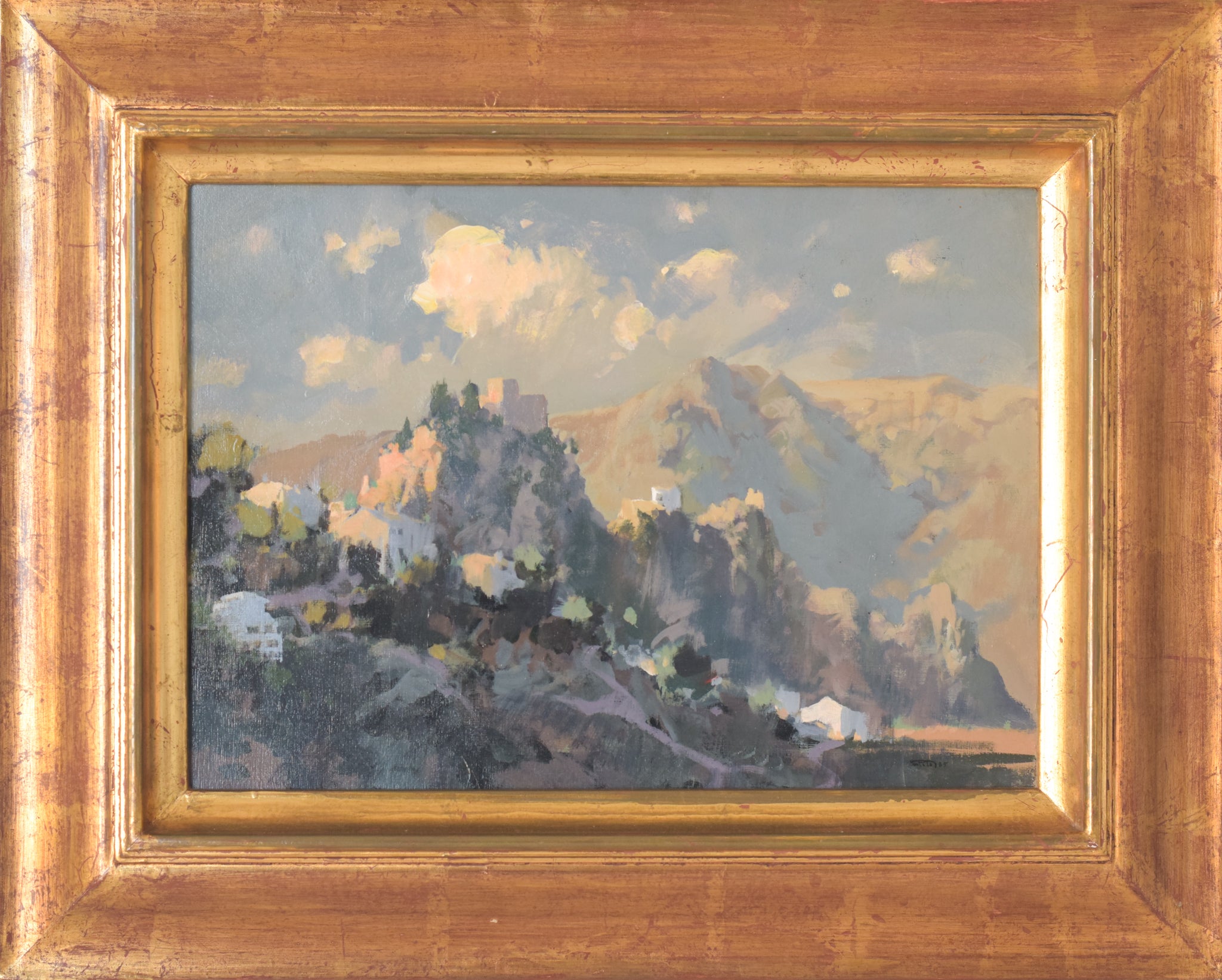 A painting of a mountain landscape with clouds in the sky.