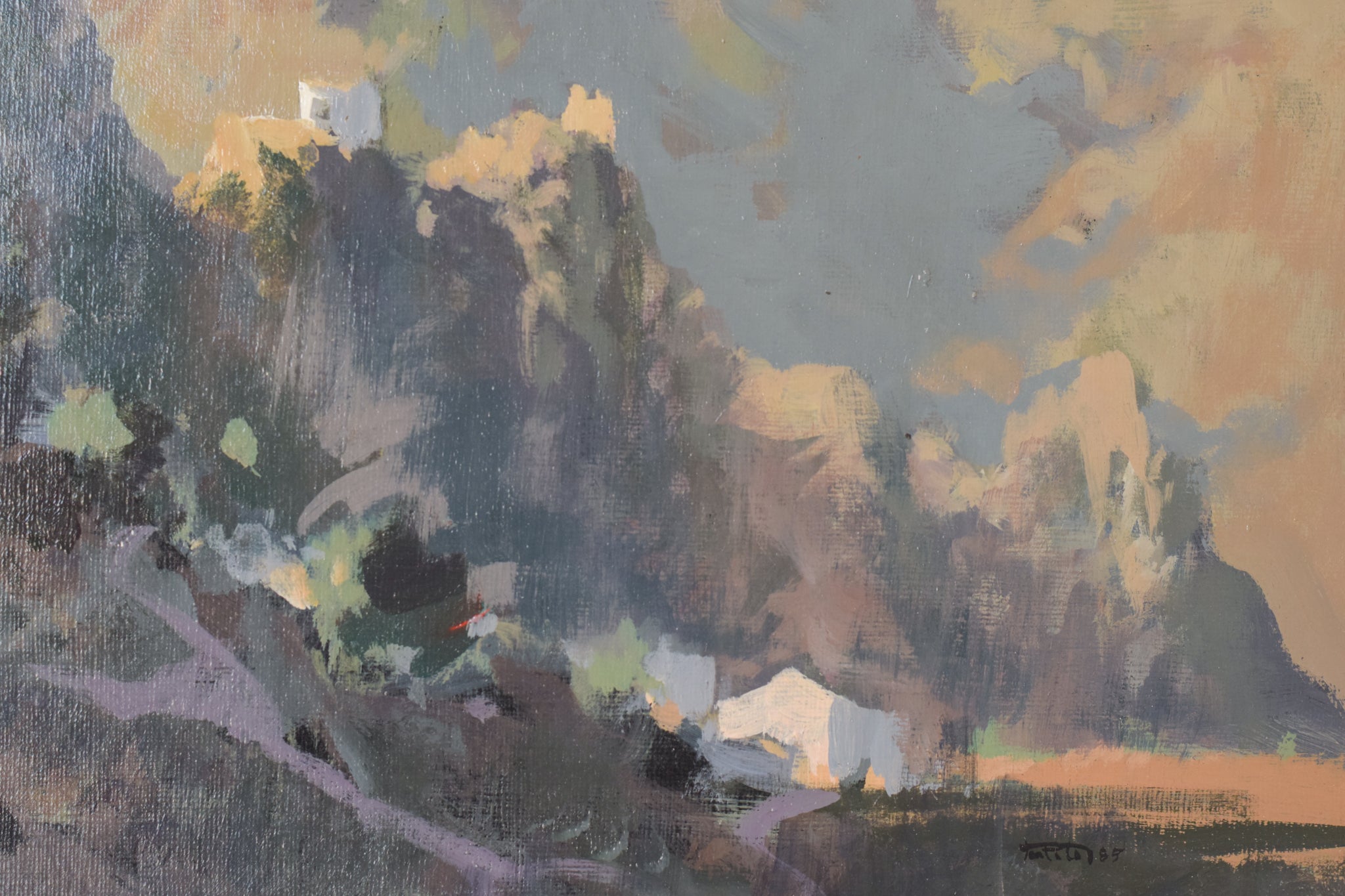 A painting of a mountain landscape with clouds in the sky.
