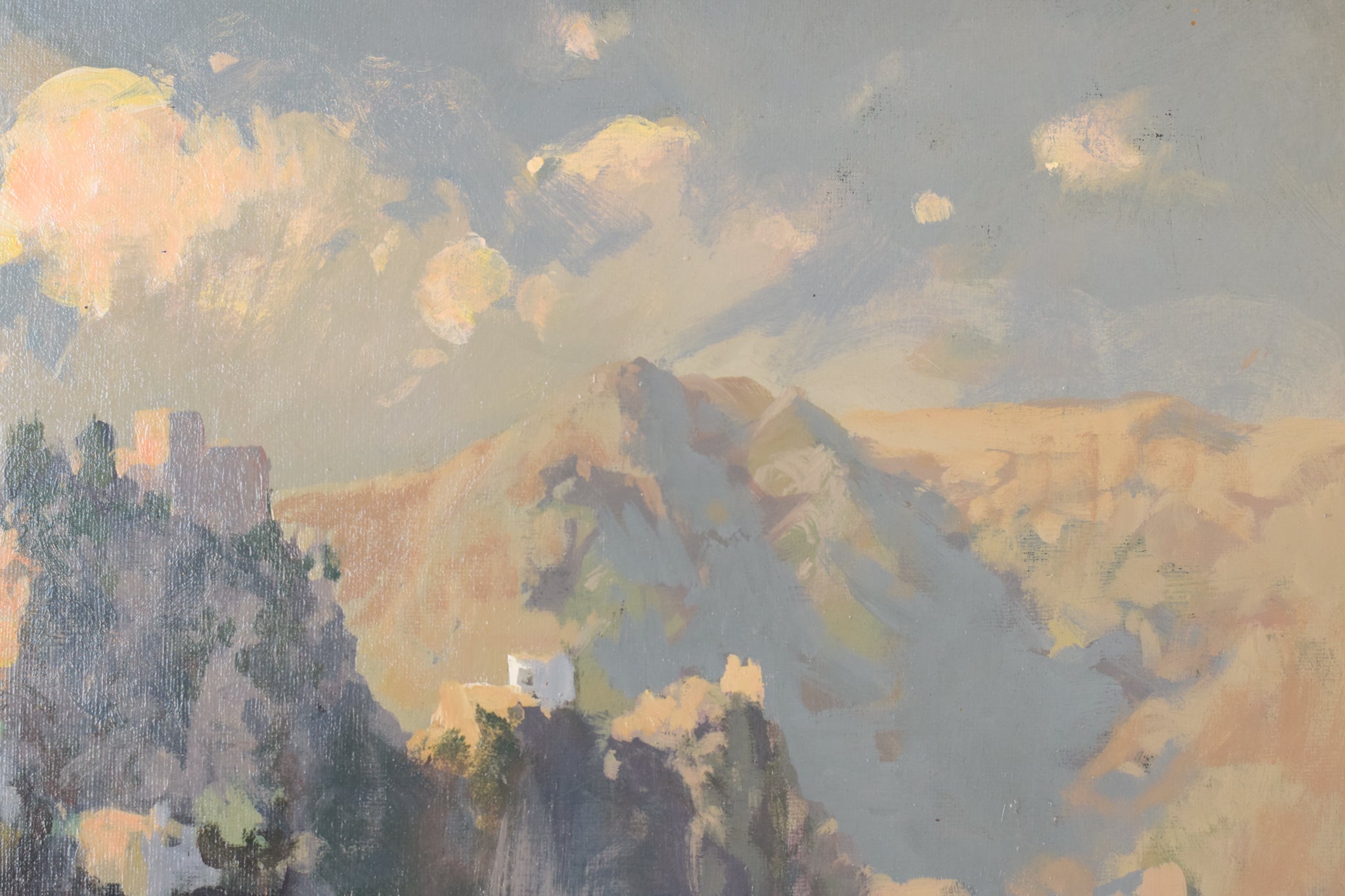 A painting of a mountain landscape with clouds in the sky.