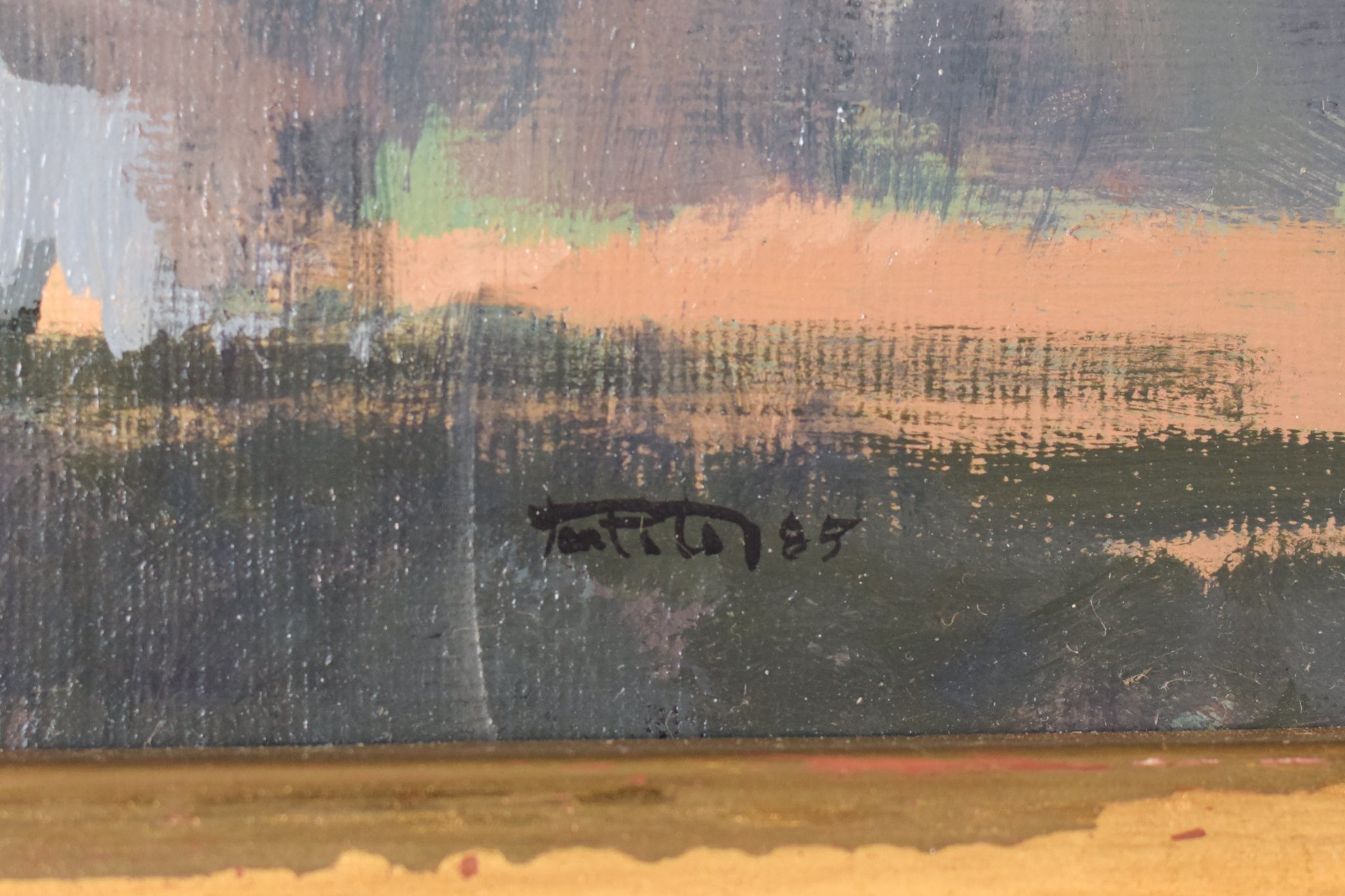 A painting of a mountain landscape with clouds in the sky.