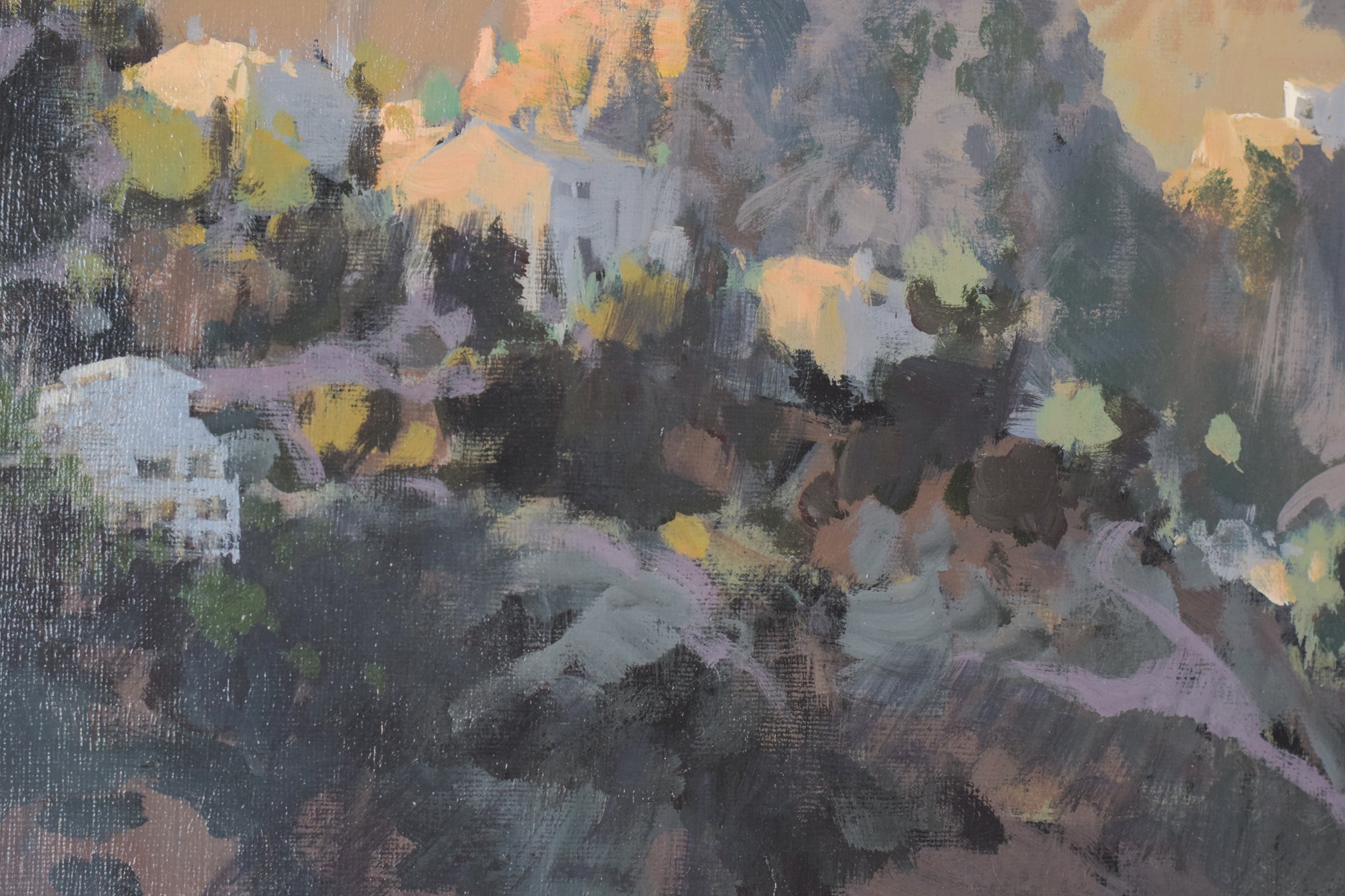 A painting of a mountain landscape with clouds in the sky.