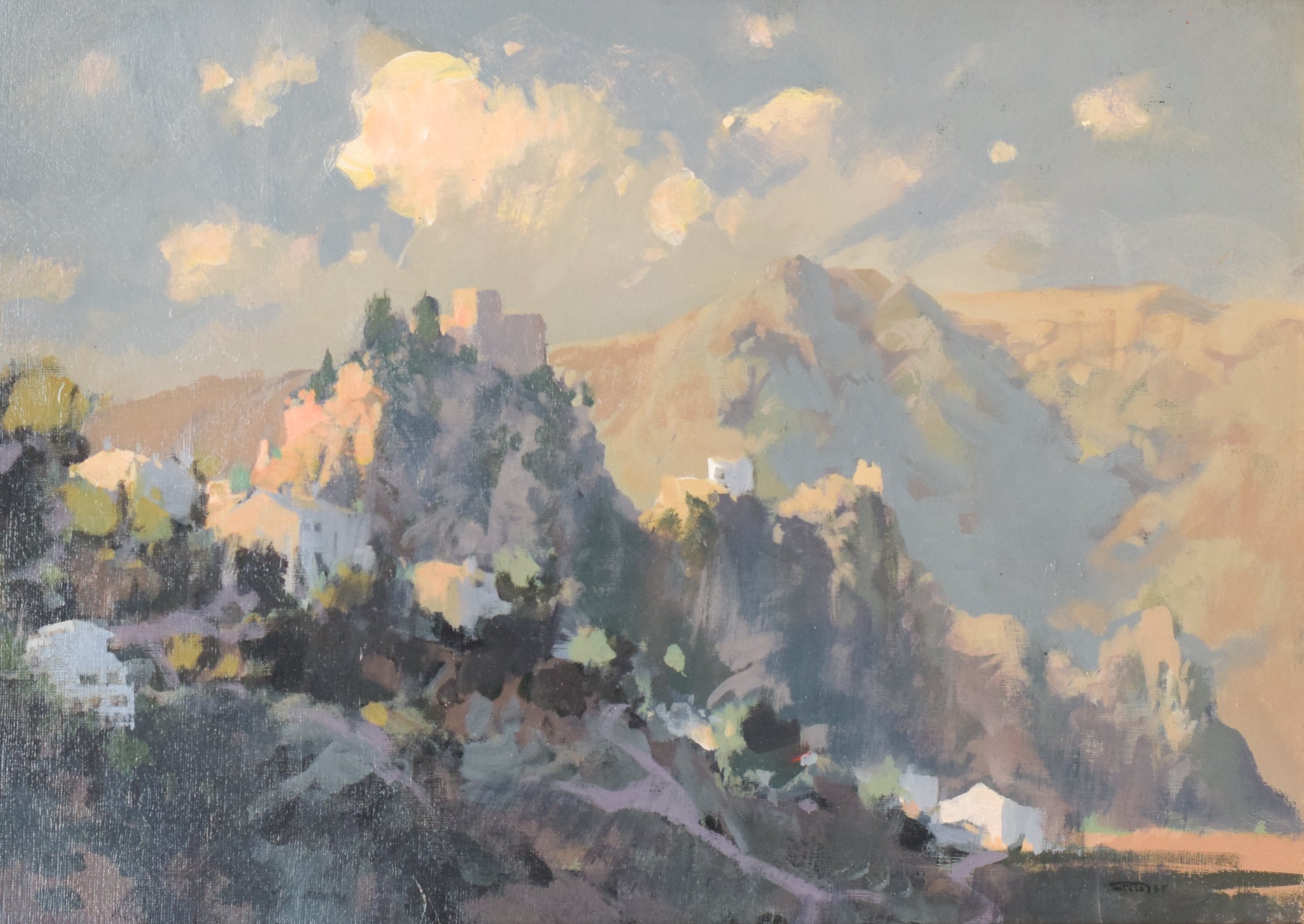A painting of a mountain landscape with clouds in the sky.
