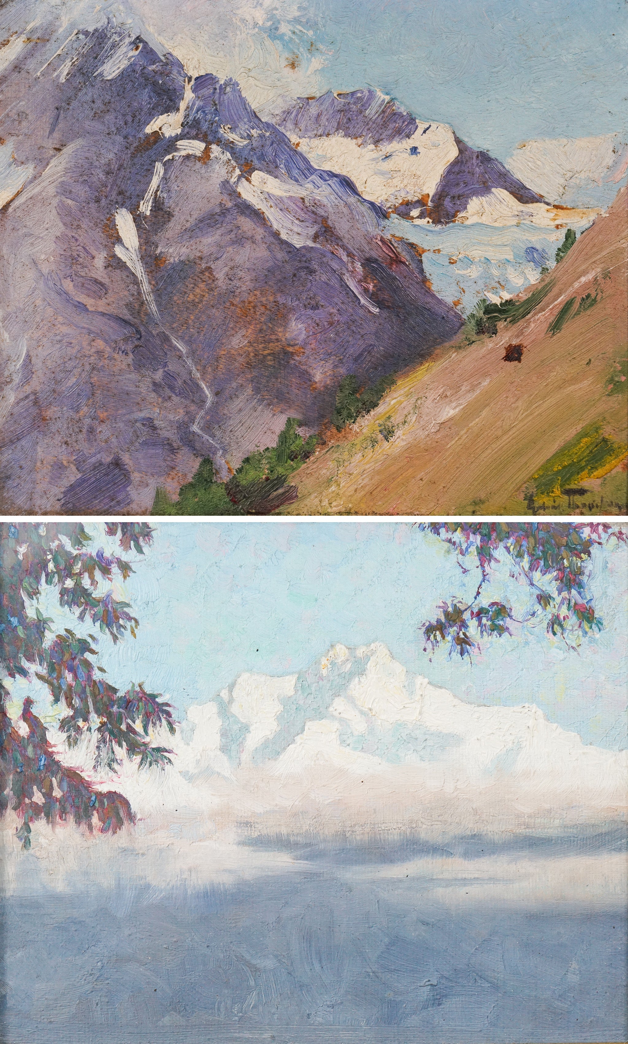 A painting of a mountain and a painting of the same mountain.